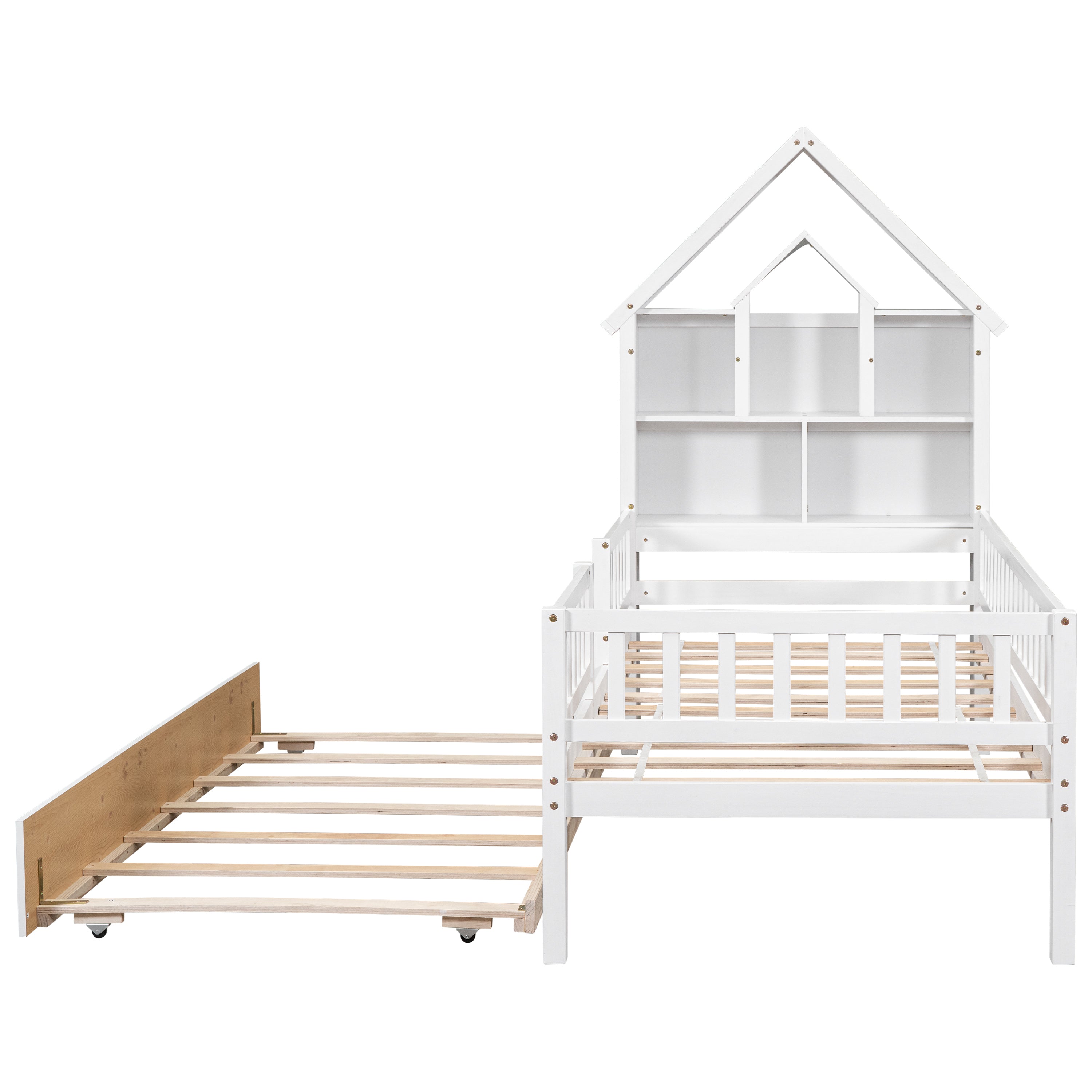 Twin Size House-Shaped Headboard with Fence Guardrails and Trundle,White