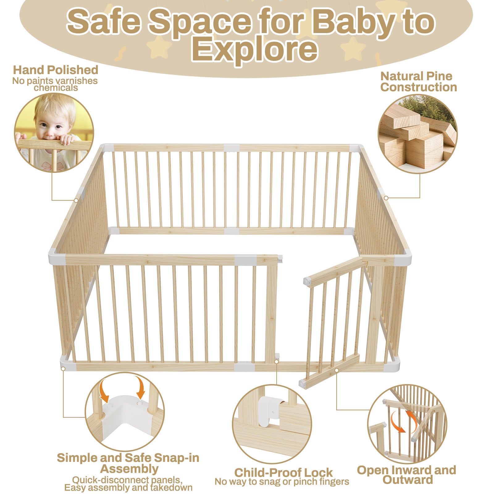 Large Wooden Baby Playpen, Adjustable Gate for Toddler and Babies