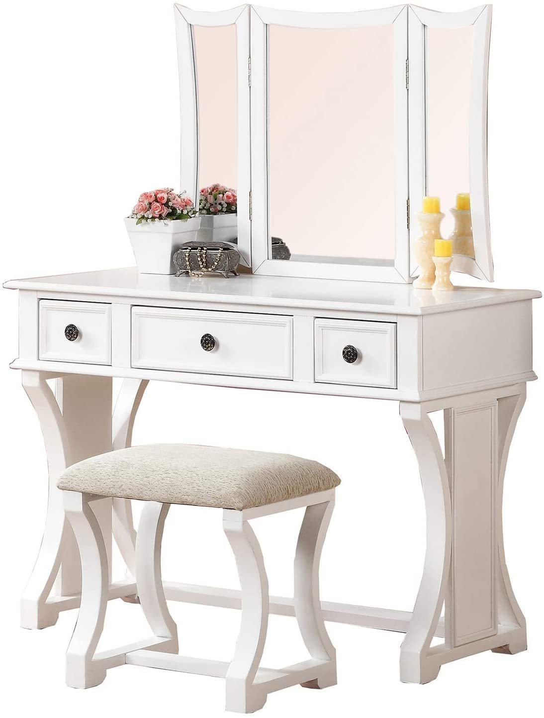 Unique Modern Bedroom Vanity Set w Stool Foldable Mirror Drawers White Color MDF Veneer 1pc Vanity Furniture