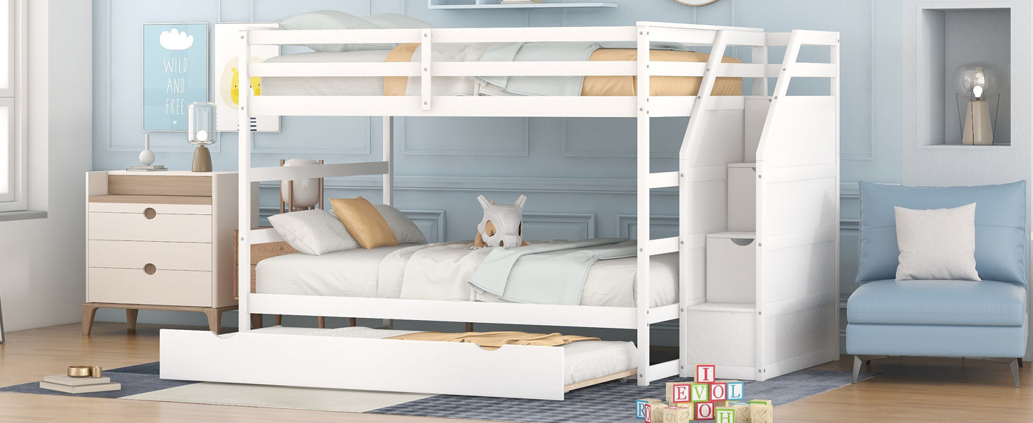 Full-over-Full Bunk Bed with Twin Size Trundle and 3 Storage Stairs,White
