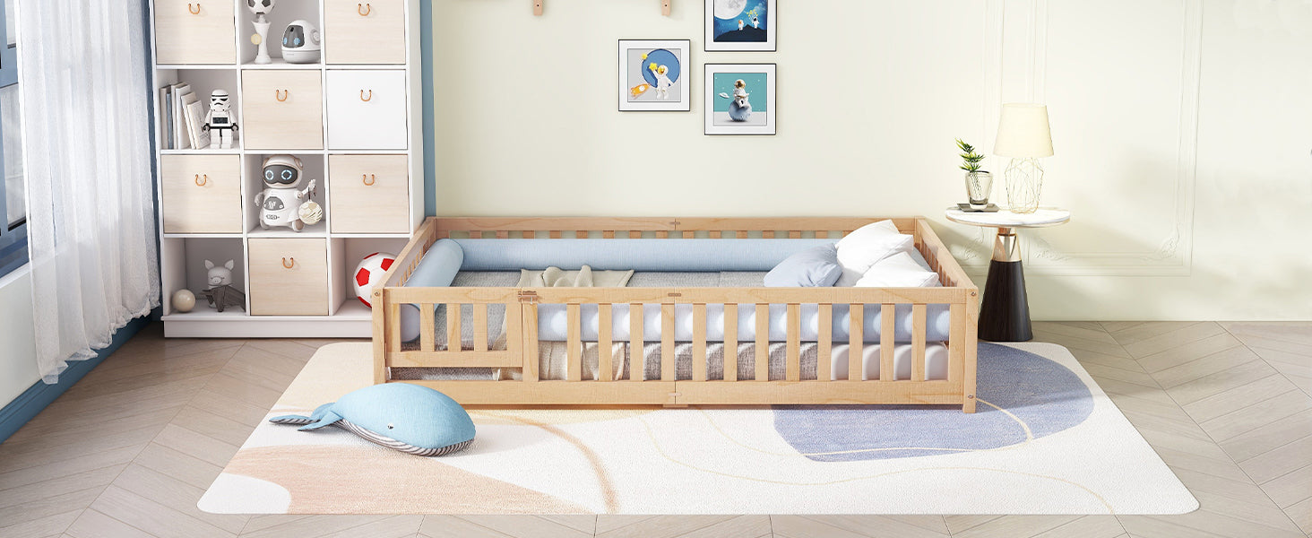 Queen Size Bed Floor Bed with Safety Guardrails and Door for Kids, Natural (Expect Arrival Date Nov.2nd)