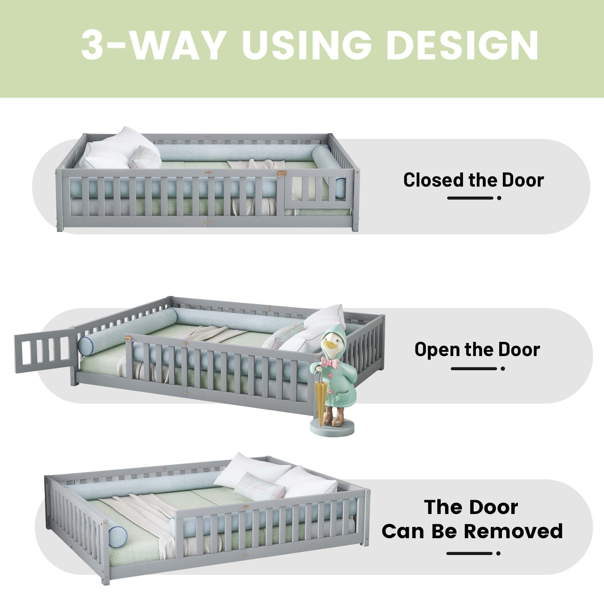 Queen Size Bed Floor Bed with Safety Guardrails and Door for Kids, Gray (Expect Arrival Date Nov.2nd)