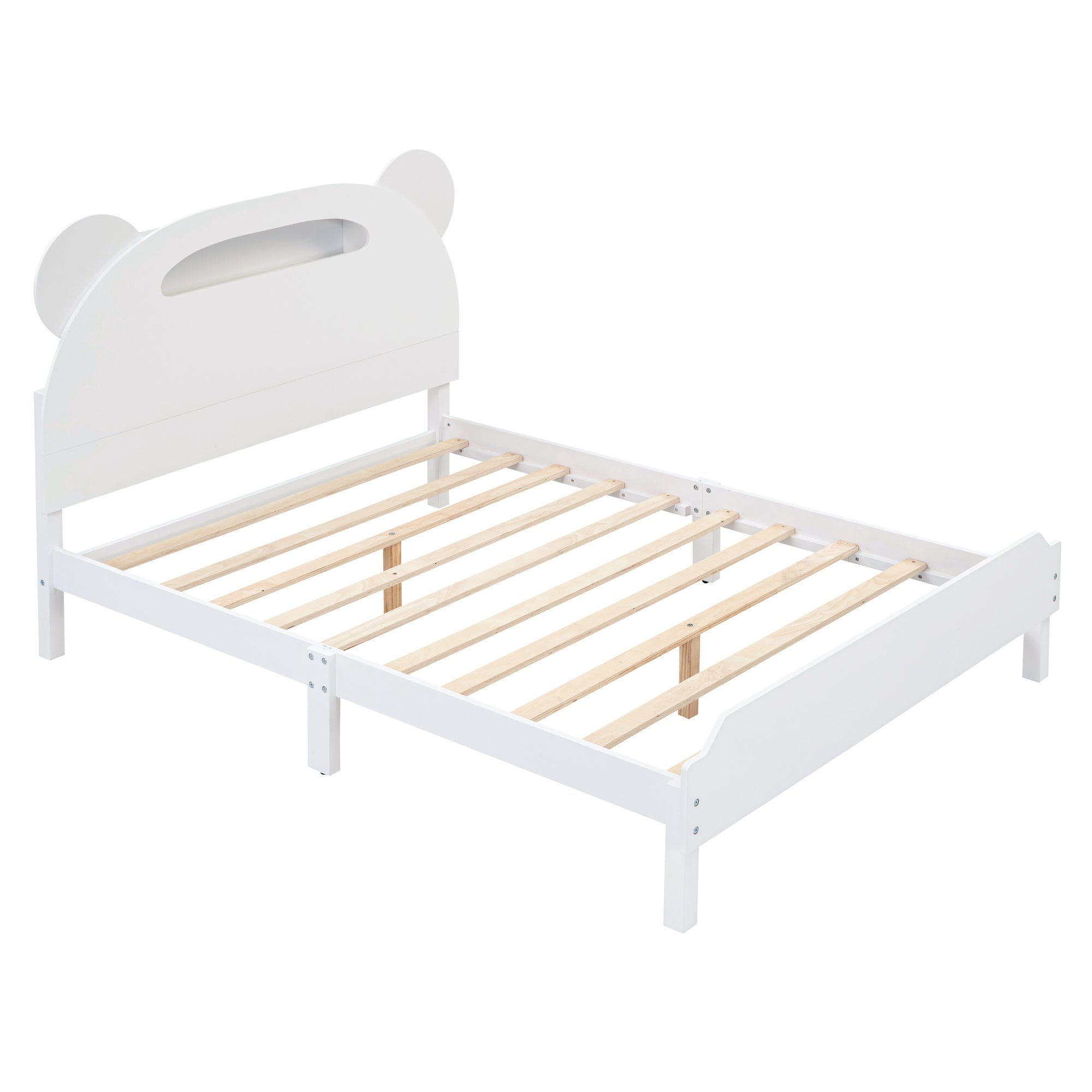 Full Size Wood Platform Bed with Bear-shaped Headboard,Bed with Motion Activated Night Lights,White