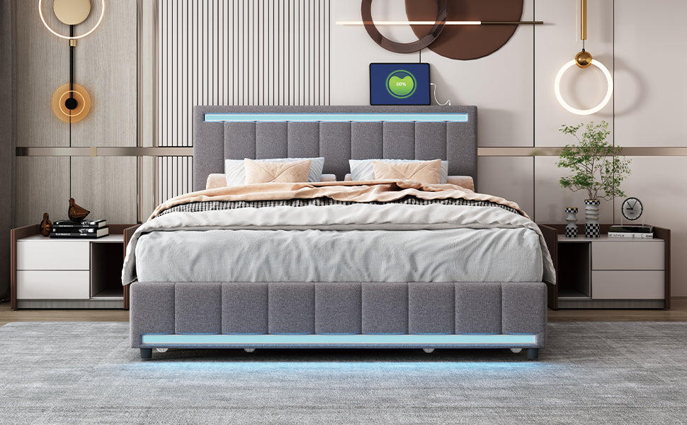 Queen Size Upholstered Bed with LED Light and 4 Drawers,  Modern Platform Bed with a set of Sockets and USB Ports, Linen Fabric, Beige