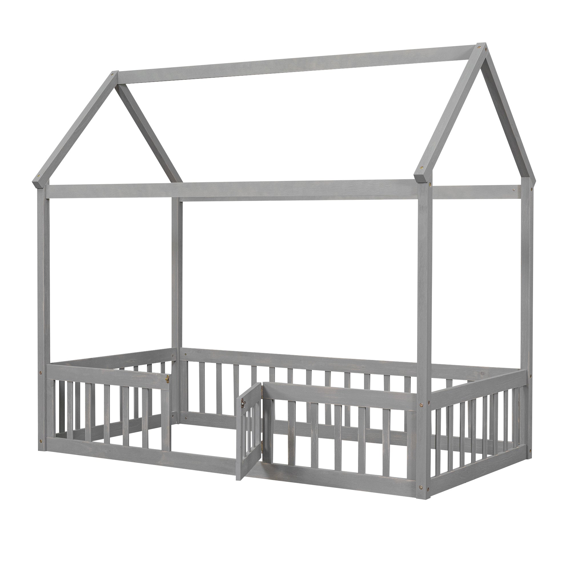 Twin Size Wood House Bed with Fence and Door, Gray Wash