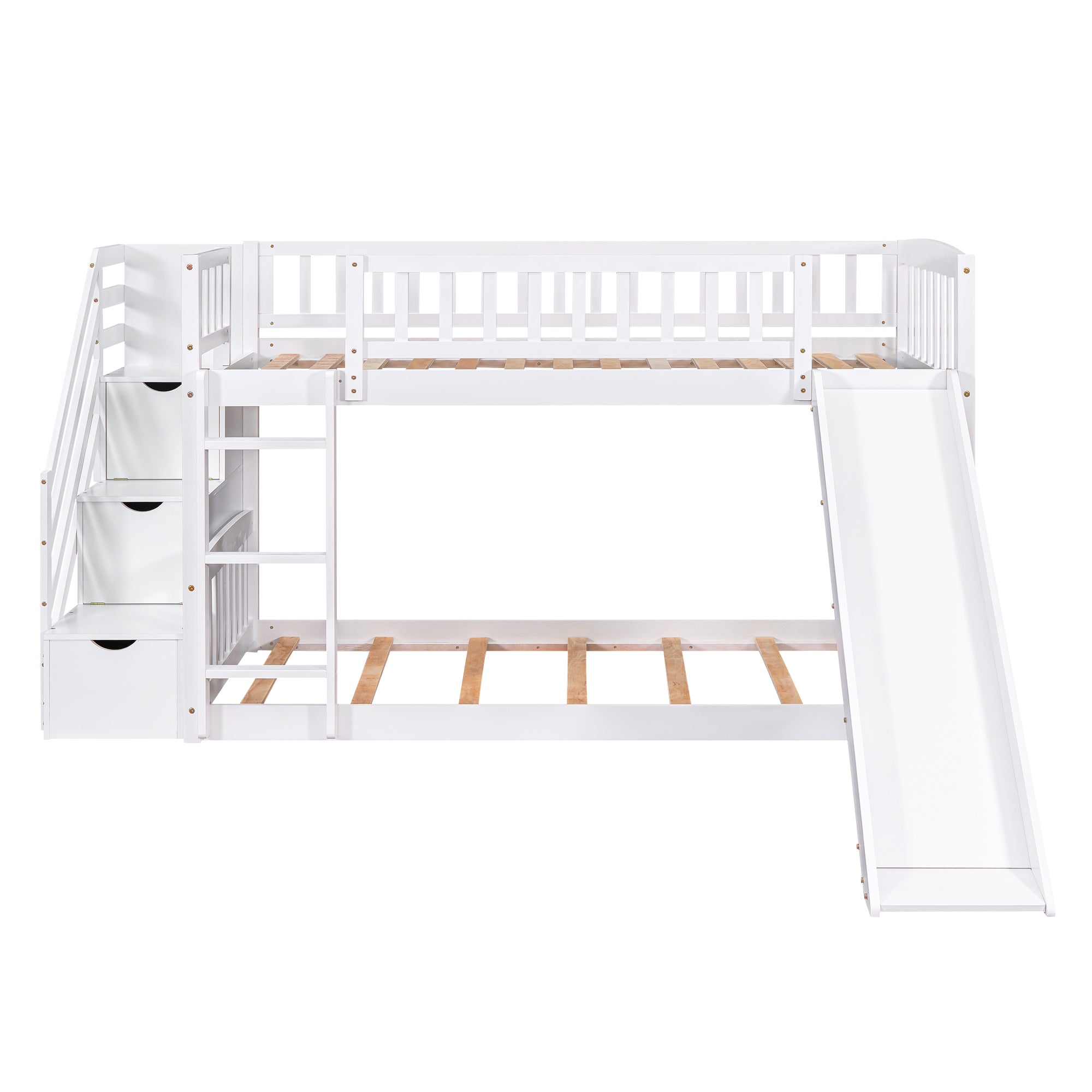Stairway Twin over Twin Bunk Bed with Two Drawers and Slide, White(OLD SKU :LT000155AAK)