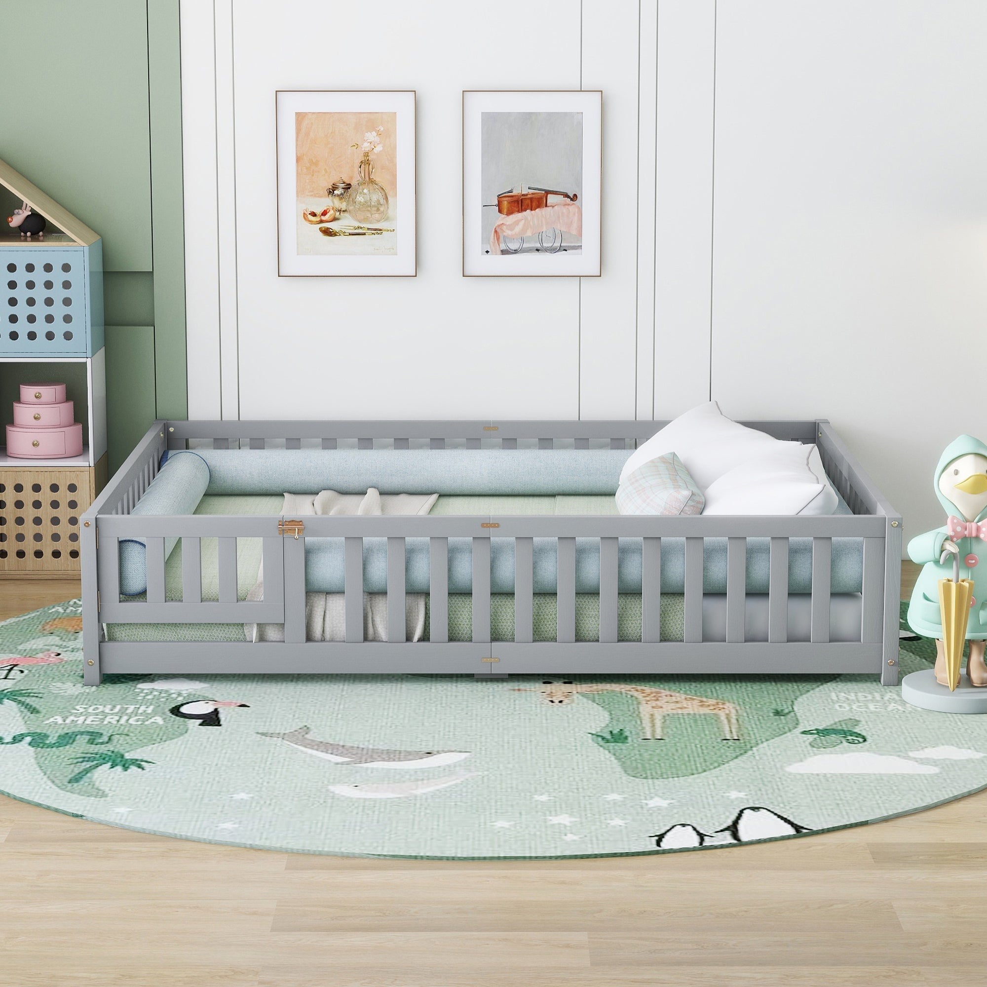 Queen Size Bed Floor Bed with Safety Guardrails and Door for Kids, Gray (Expect Arrival Date Nov.2nd)