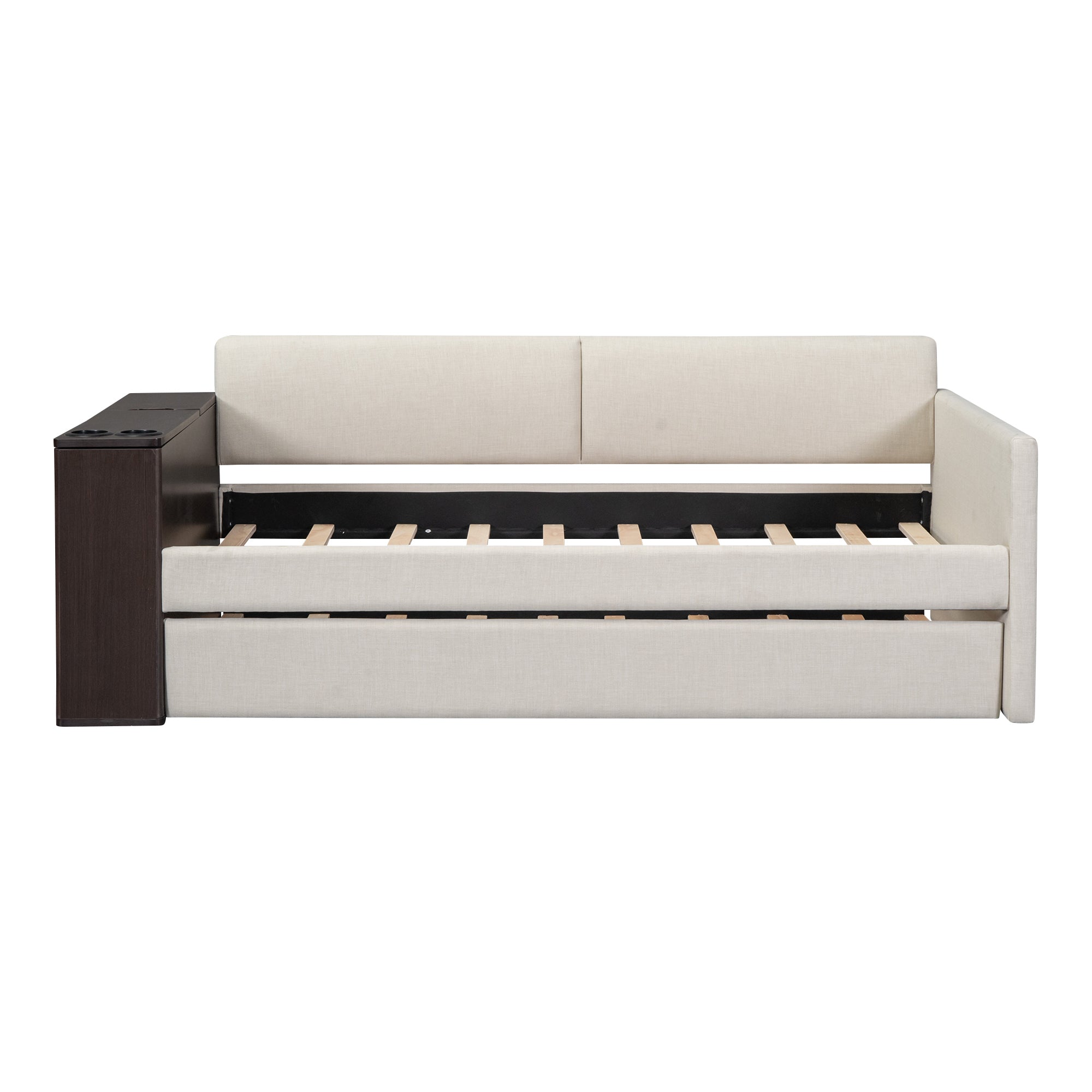 Twin Size Upholstery Daybed with Storage Arm, Trundle, Cup Holder and USB Design, Beige