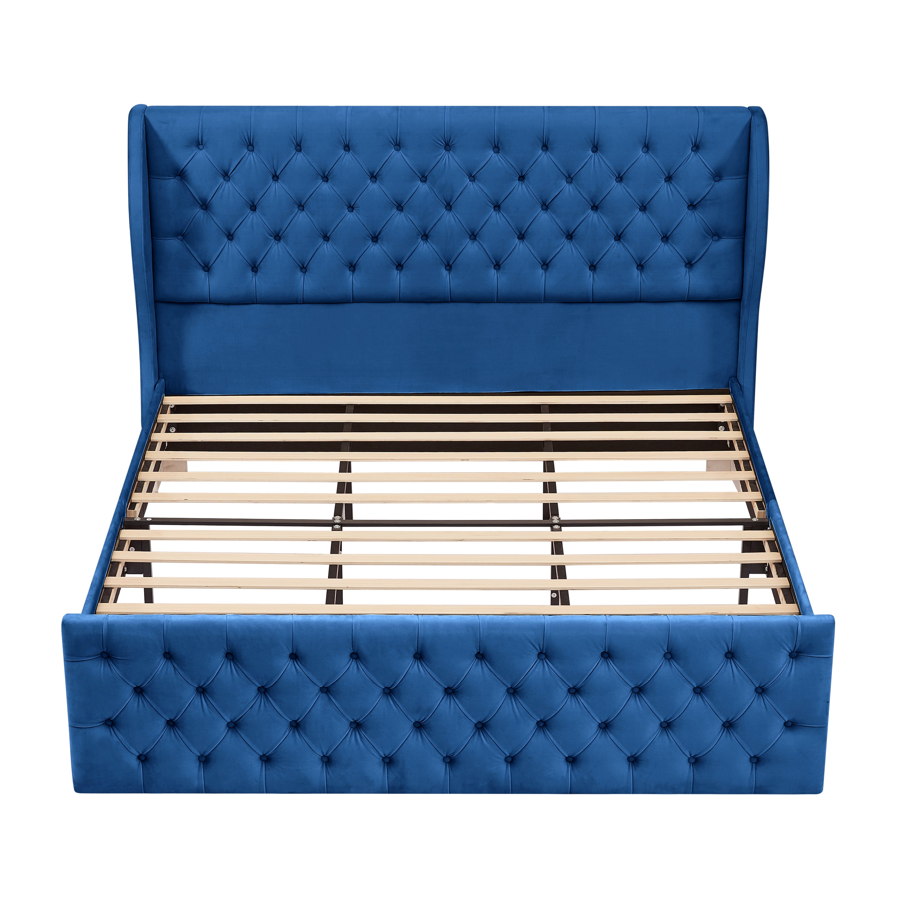 Rodeo Drive Collection Upholstered Wingback Velvet Fabric Chesterfield Bed/Button Tufted Headboard with Vintage Wing/Wood Slat Support/Easy Assemble. King-Blue