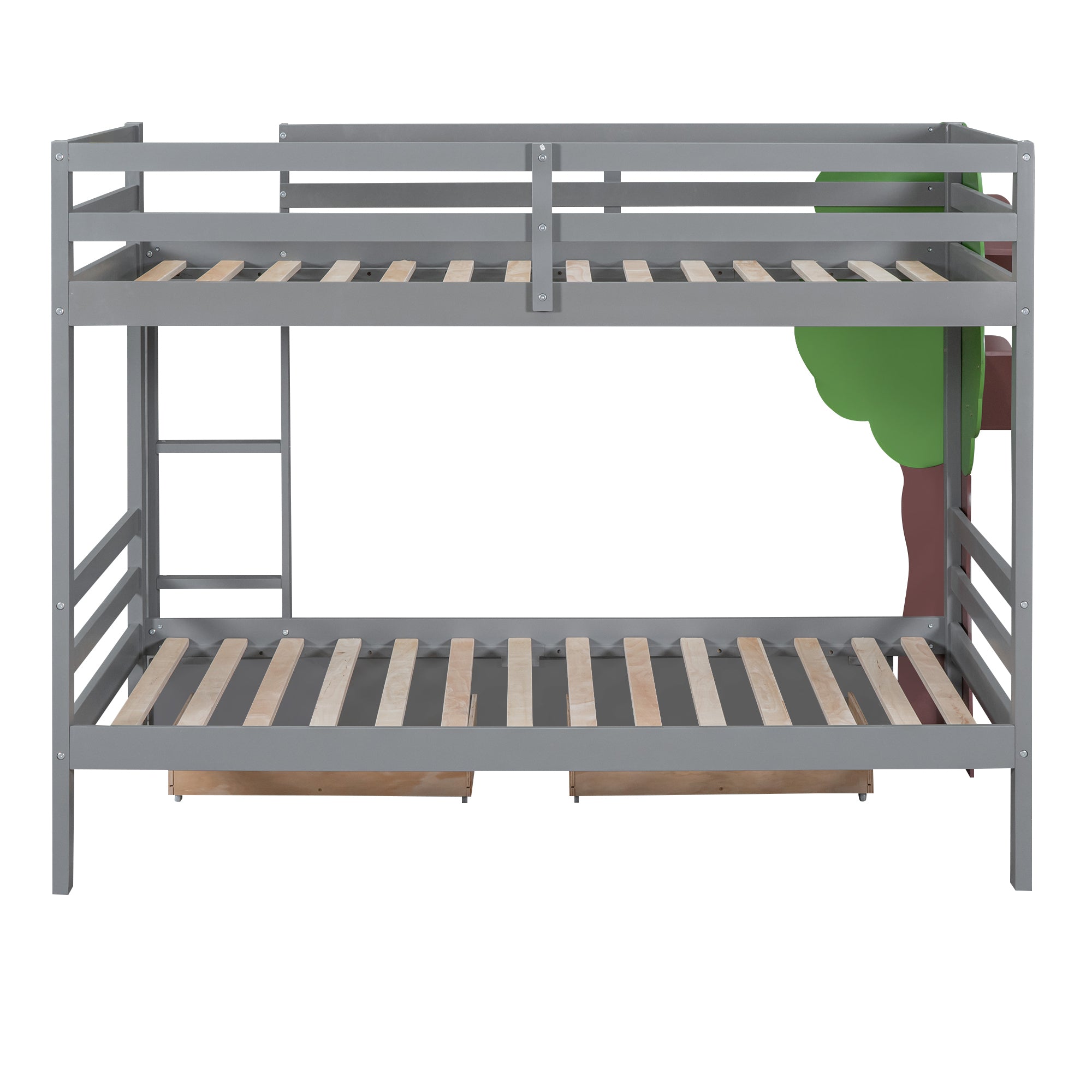 Twin-Over-Twin Bunk Bed with  a Tree Decor and Two Storage Drawers, Gray