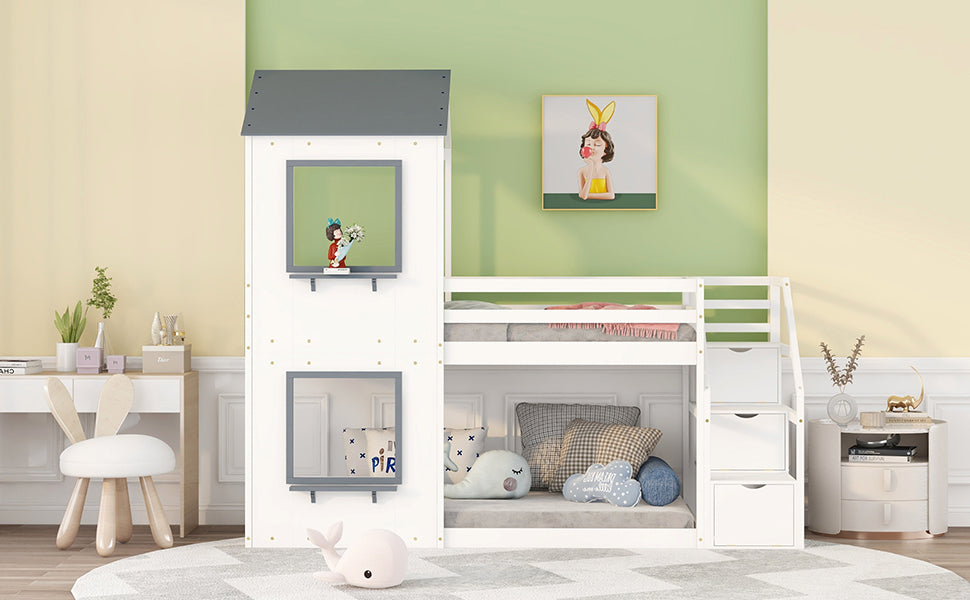 Twin Over Twin Bunk Bed with Storage Stairs,Wood Bed with Roof, Window, Guardrail, Ladder, White