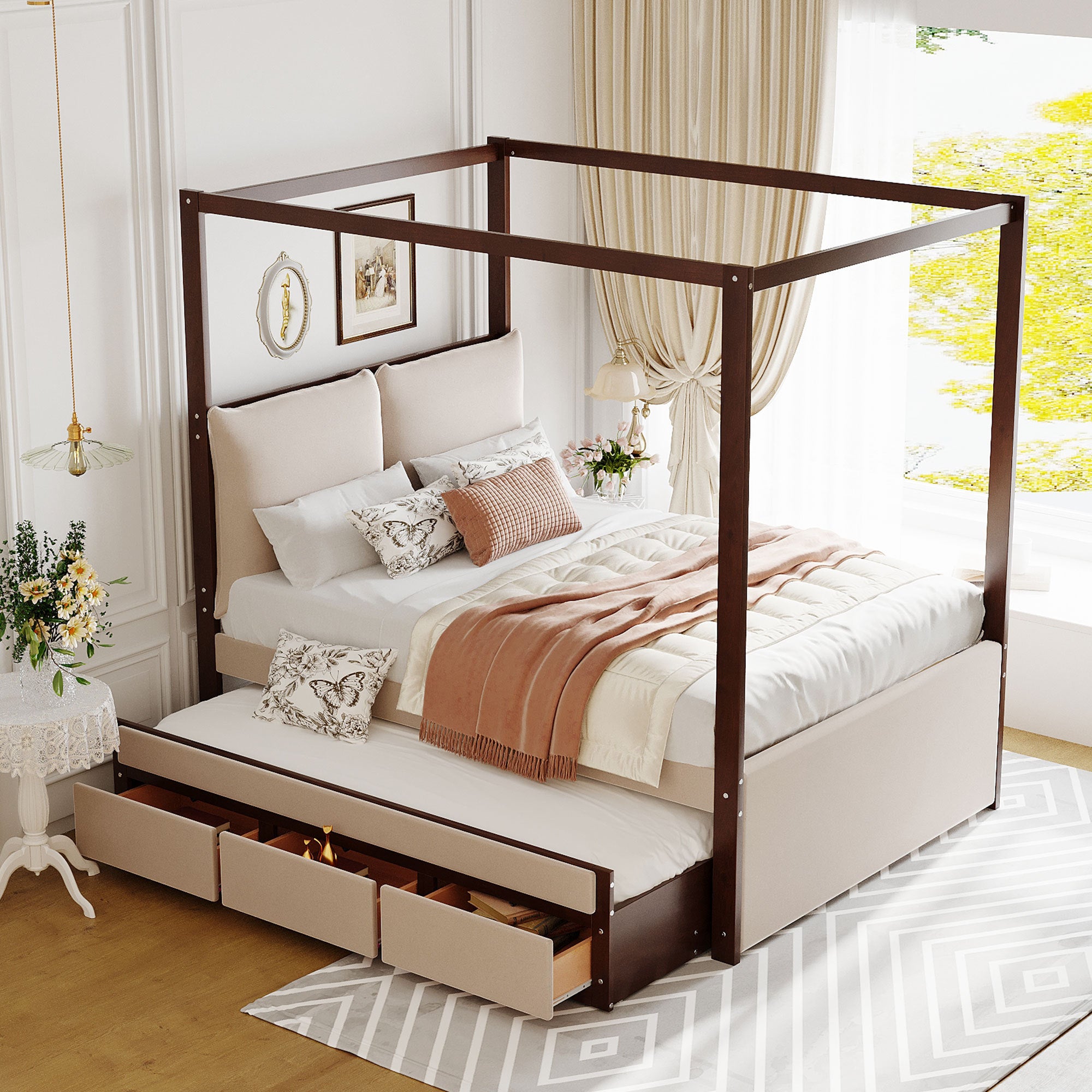 Full Size Upholstered  Canopy Bed with Trundle and 3 Drawers, Beige