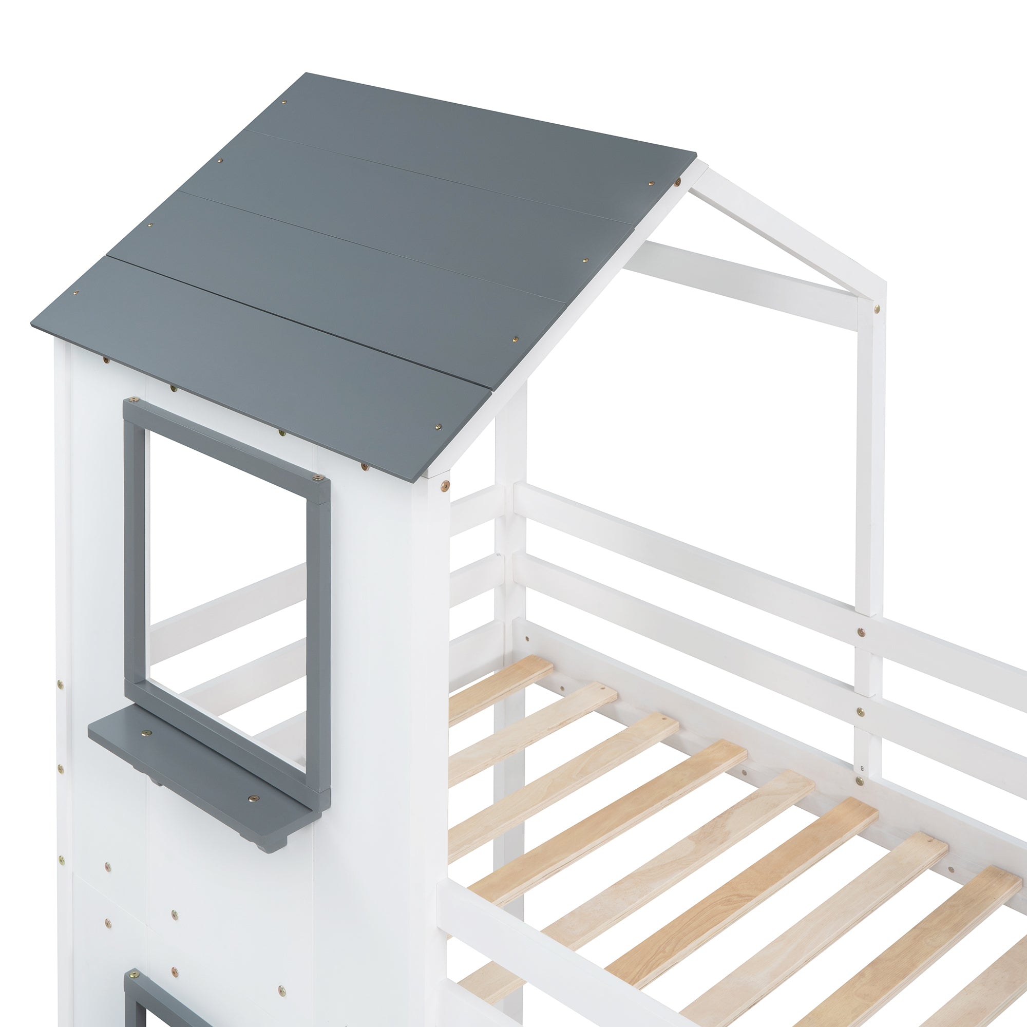 Twin Over Twin Bunk Bed with Storage Stairs,Wood Bed with Roof, Window, Guardrail, Ladder, White