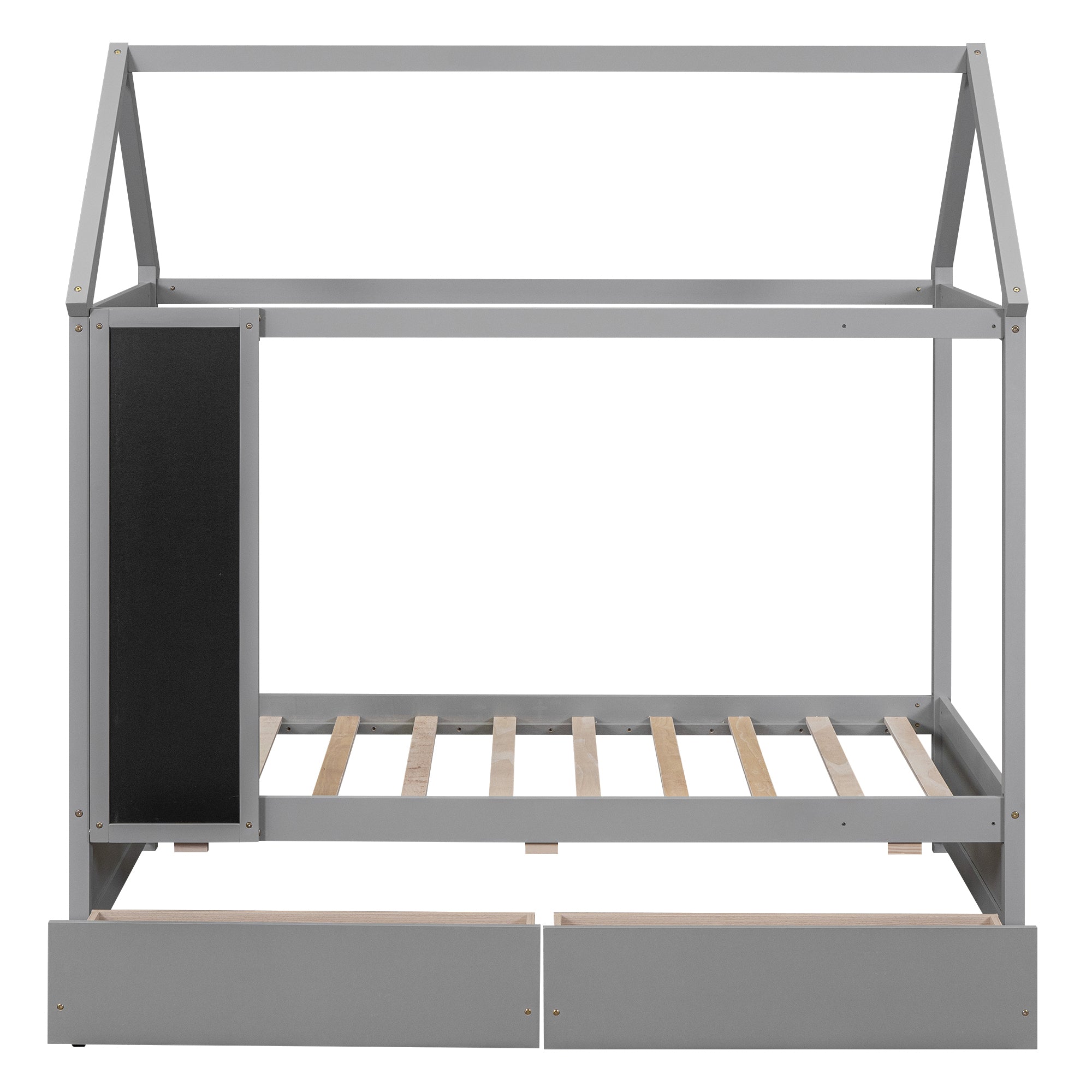 Twin Size House Bed with Drawers and Blackboard, Gray