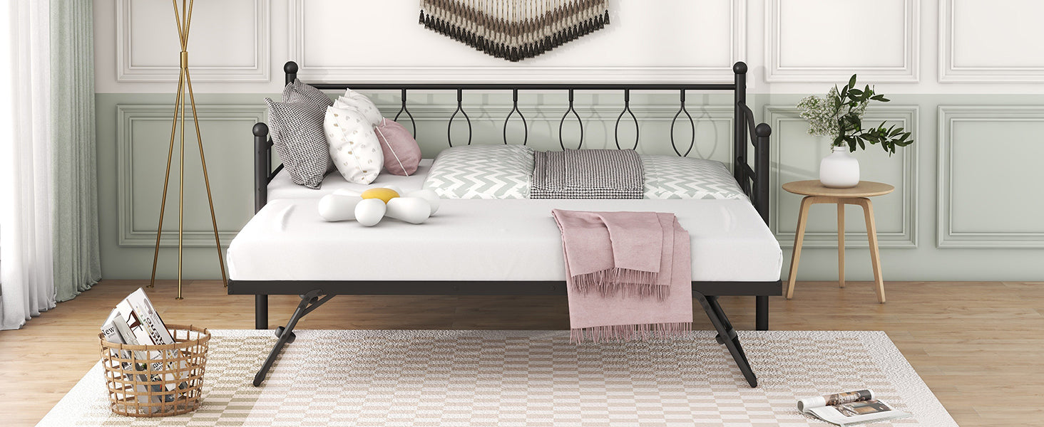 Twin Size Metal Daybed with Twin Size Adjustable Trundle, Portable Folding Trundle, Black