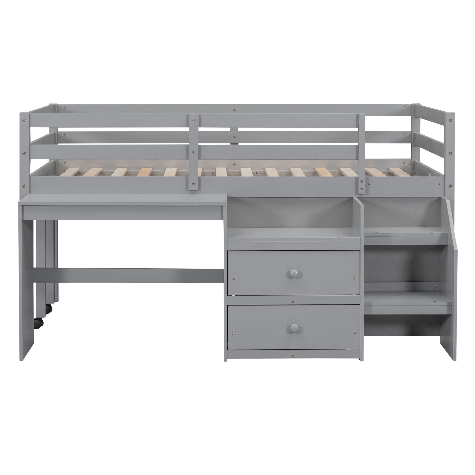 Twin Size Loft Bed with Desk and Drawers, Wooden Loft Bed with Lateral Portable Desk, Gray
