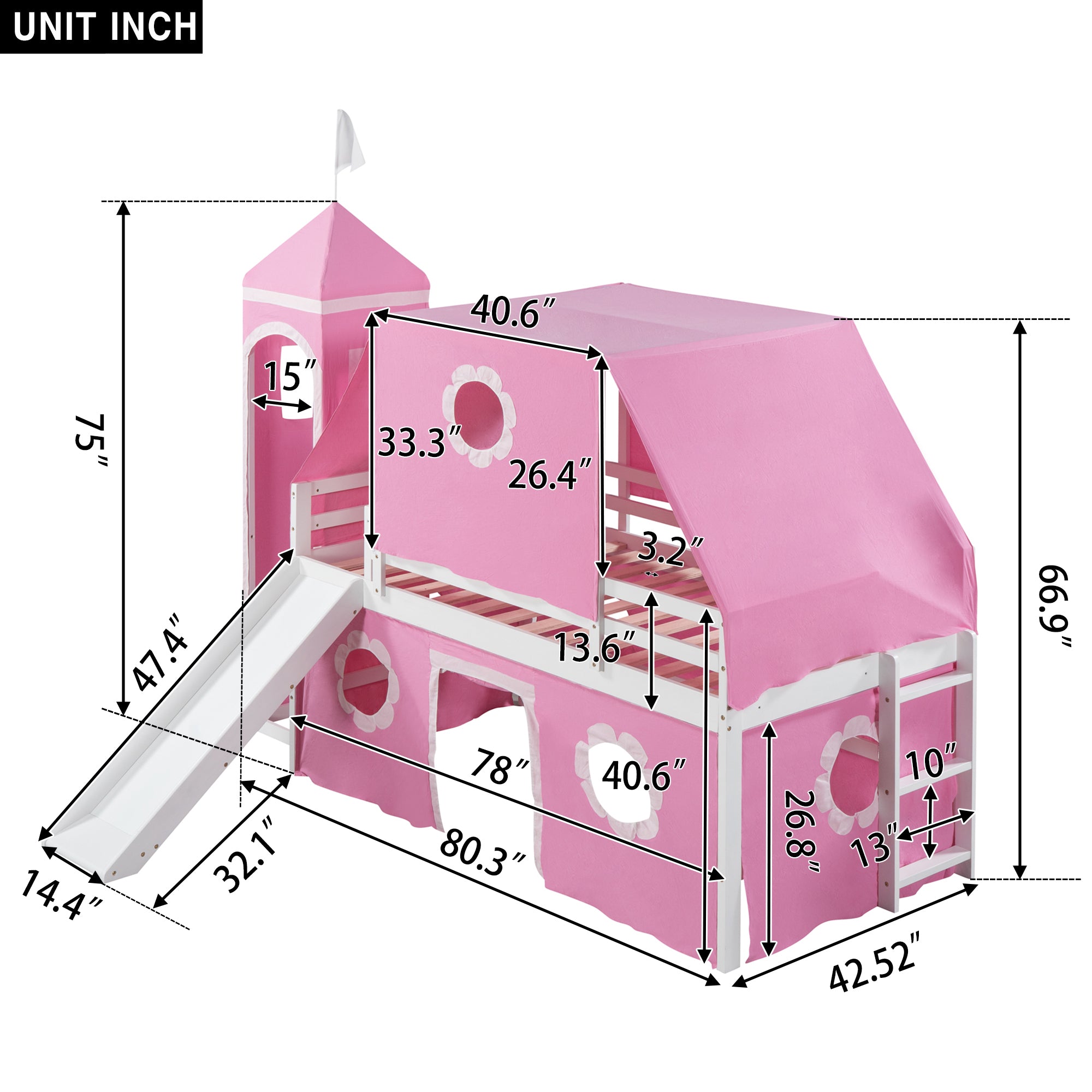 Twin Size Bunk Bed with Slide Pink Tent and Tower - Pink