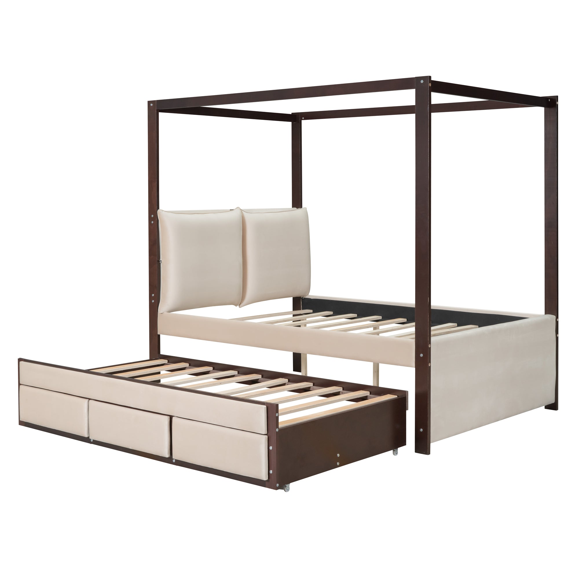Full Size Upholstered  Canopy Bed with Trundle and 3 Drawers, Beige
