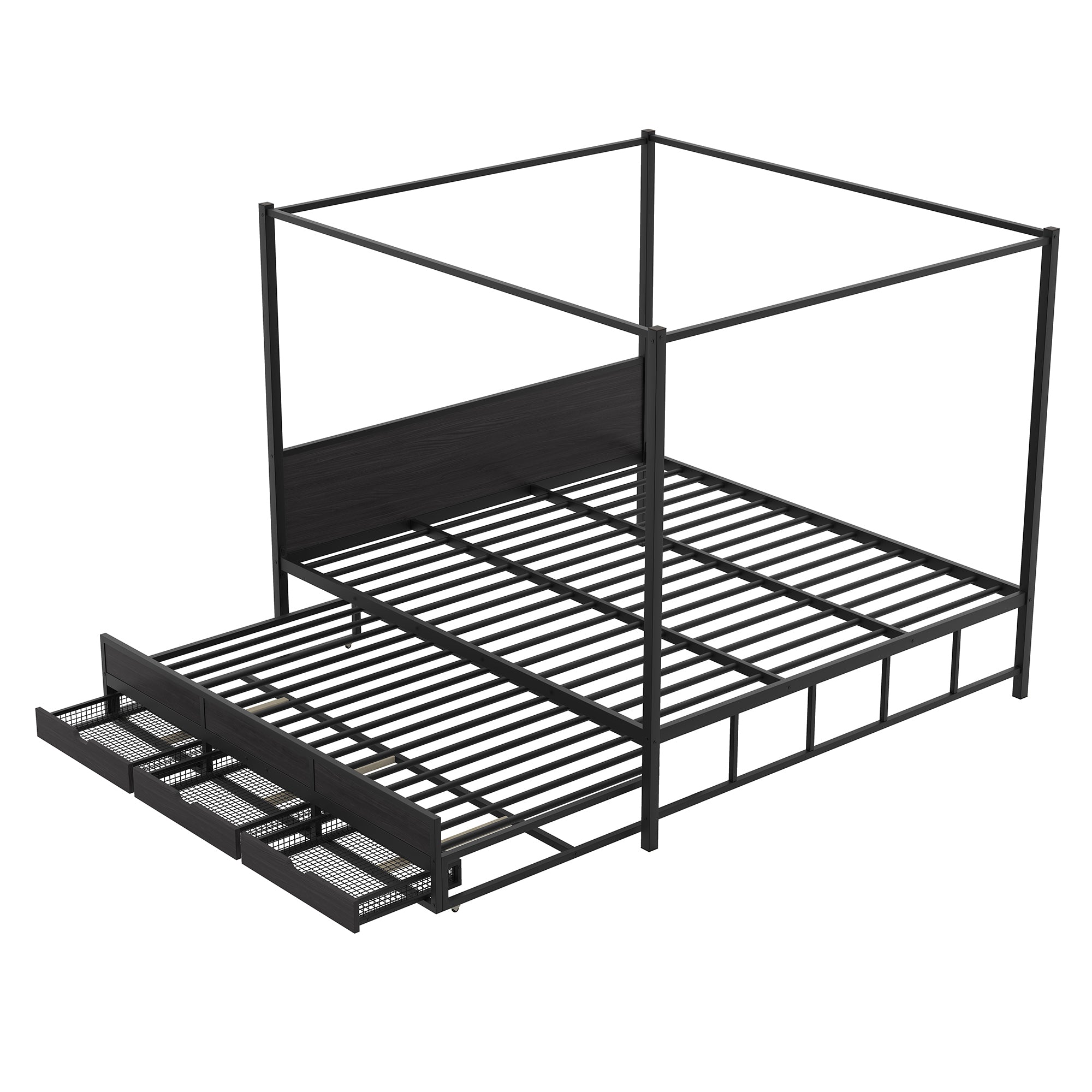 Queen Size Metal Canopy Platform Bed with Twin Size Trundle and 3 Storage Drawers, Black