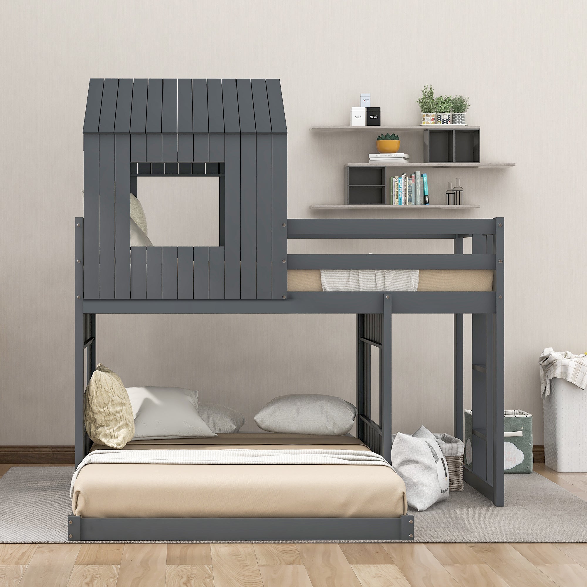 Wooden Twin Over Full Bunk Bed, Loft Bed with Playhouse, Farmhouse, Ladder and Guardrails , Gray( old sku: LT000027AAN )