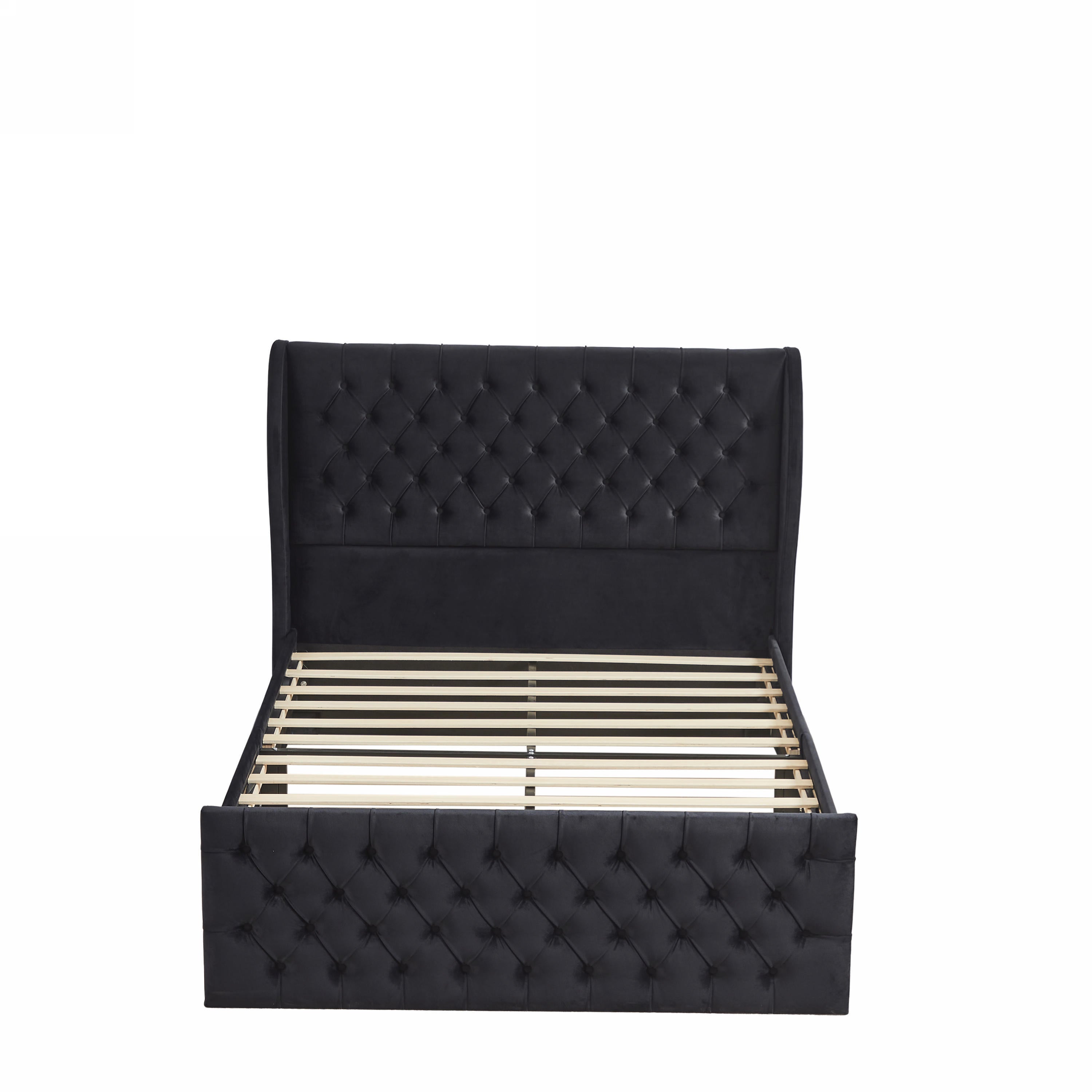 Rodeo Drive Collection Upholstered Wingback Velvet Fabric Chesterfield Bed/Button Tufted Headboard with Vintage Wing/Wood Slat Support/Easy Assemble. Queen-Black