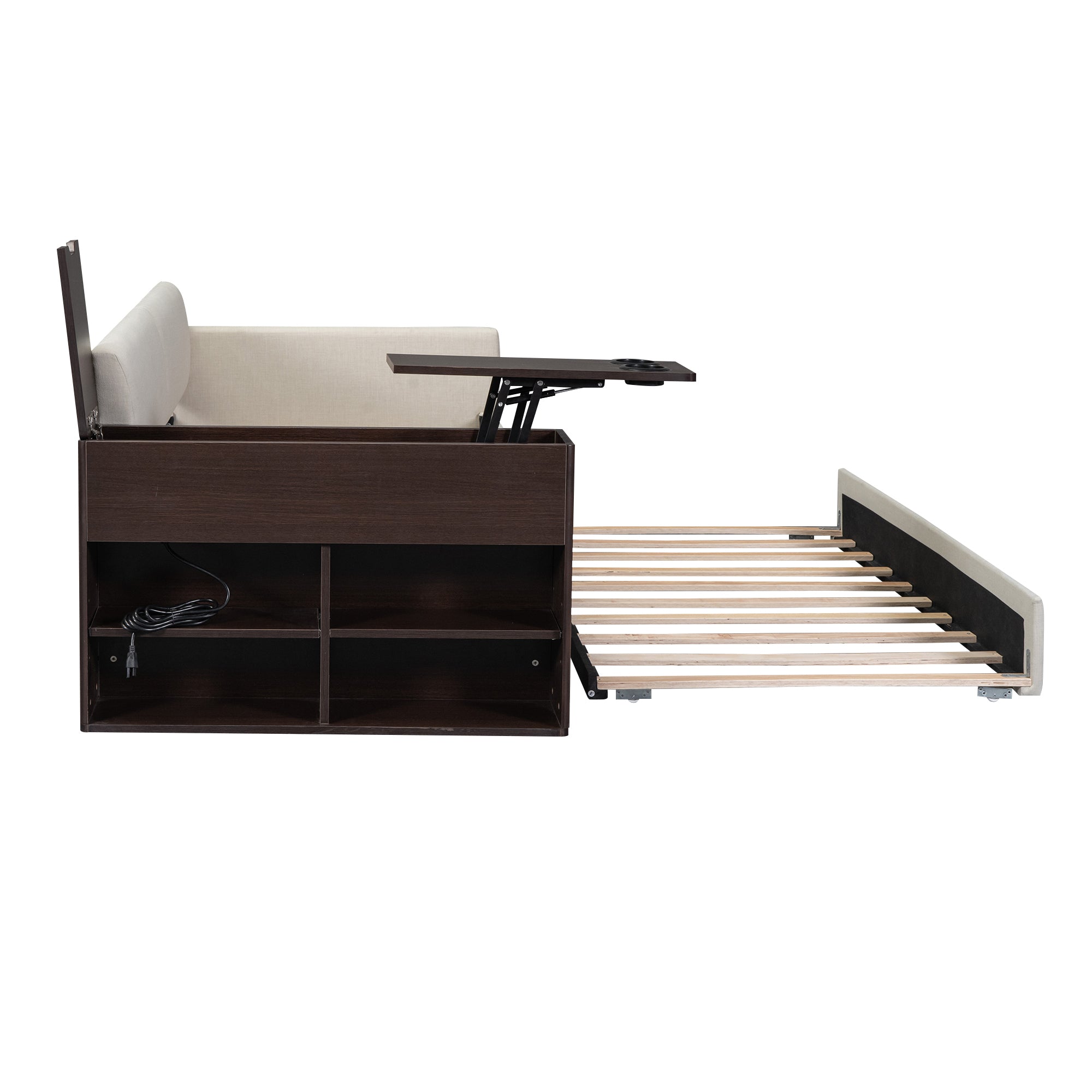 Twin Size Upholstery Daybed with Storage Arm, Trundle, Cup Holder and USB Design, Beige