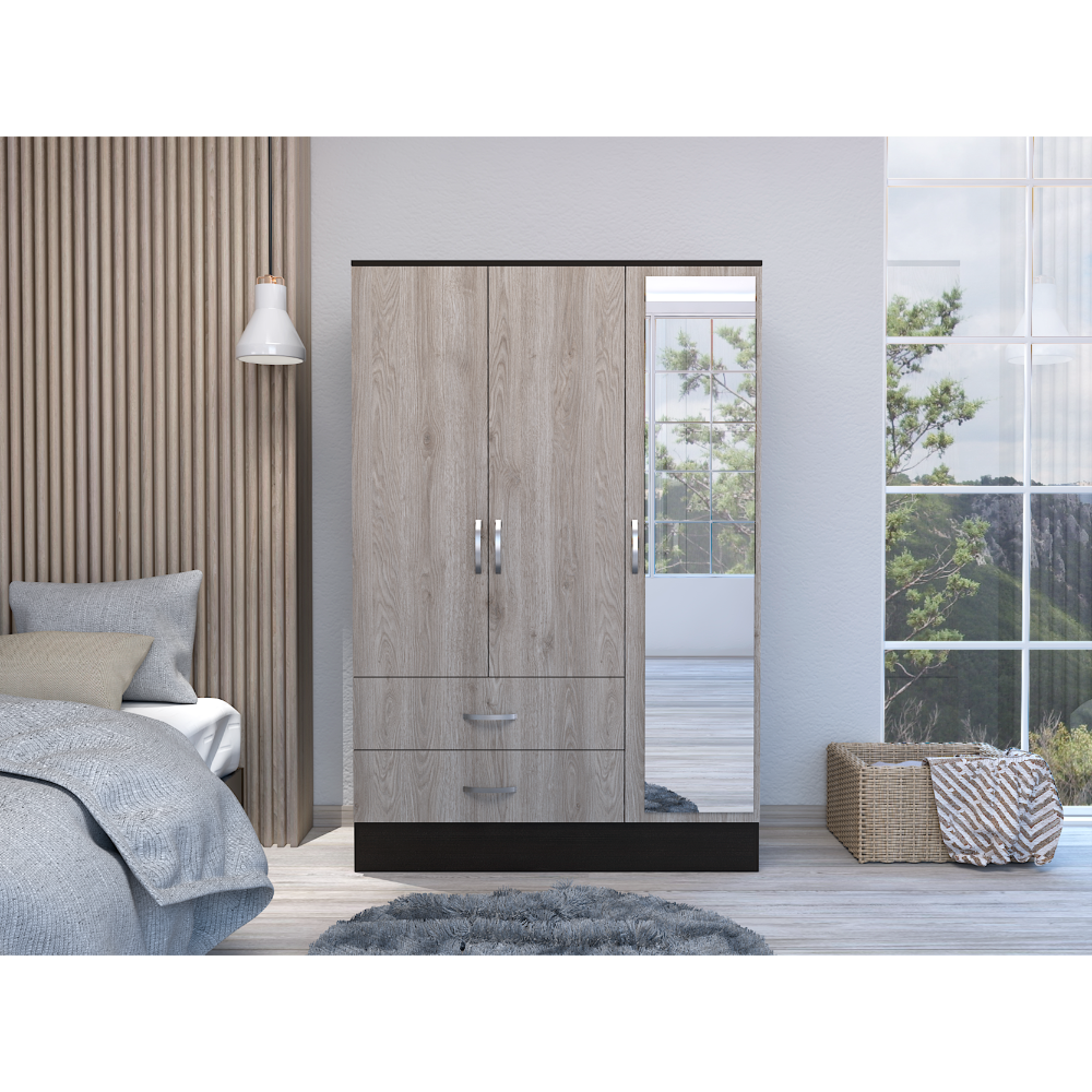 Bolton 120 Mirrored Armoire, Metal Hardware, Double Door Cabinet, Two Drawers, Single Door With Mirror, Rods -Black / Light Gray