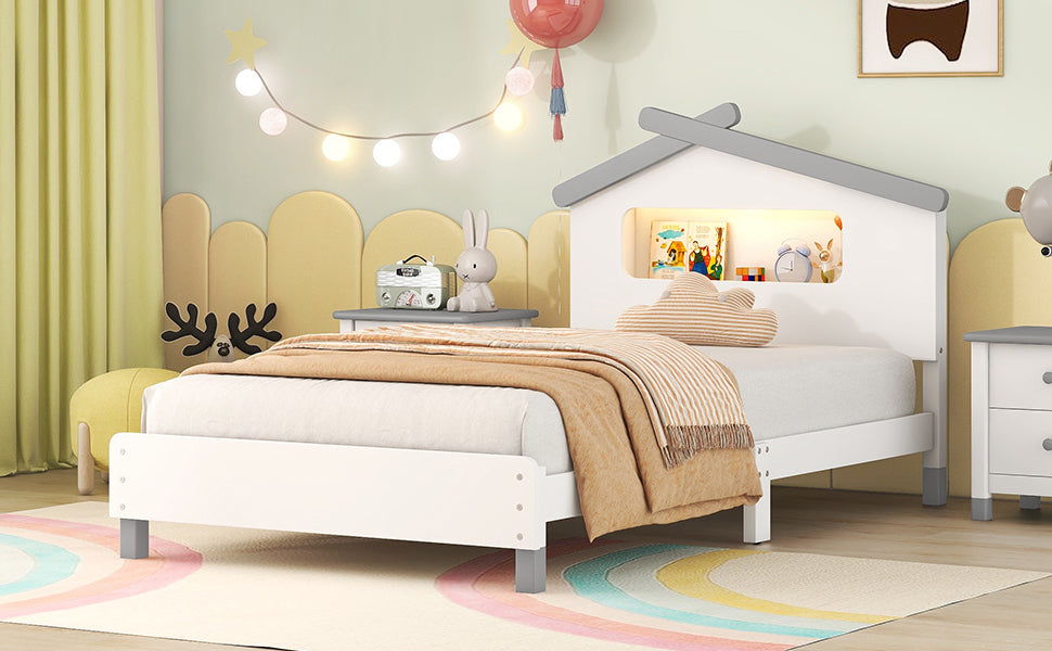 Twin Size Wood Platform Bed with House-shaped Headboard and Motion Activated Night Lights (White+Gray)