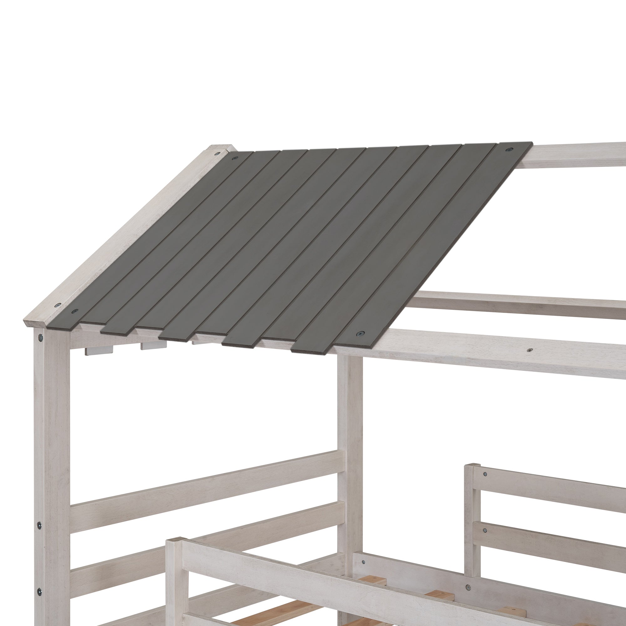 Twin Over Twin Bunk Bed Wood Bed with Roof, Window, Slide, Ladder ,Antique White(OLD SKU:LP000059AAK)