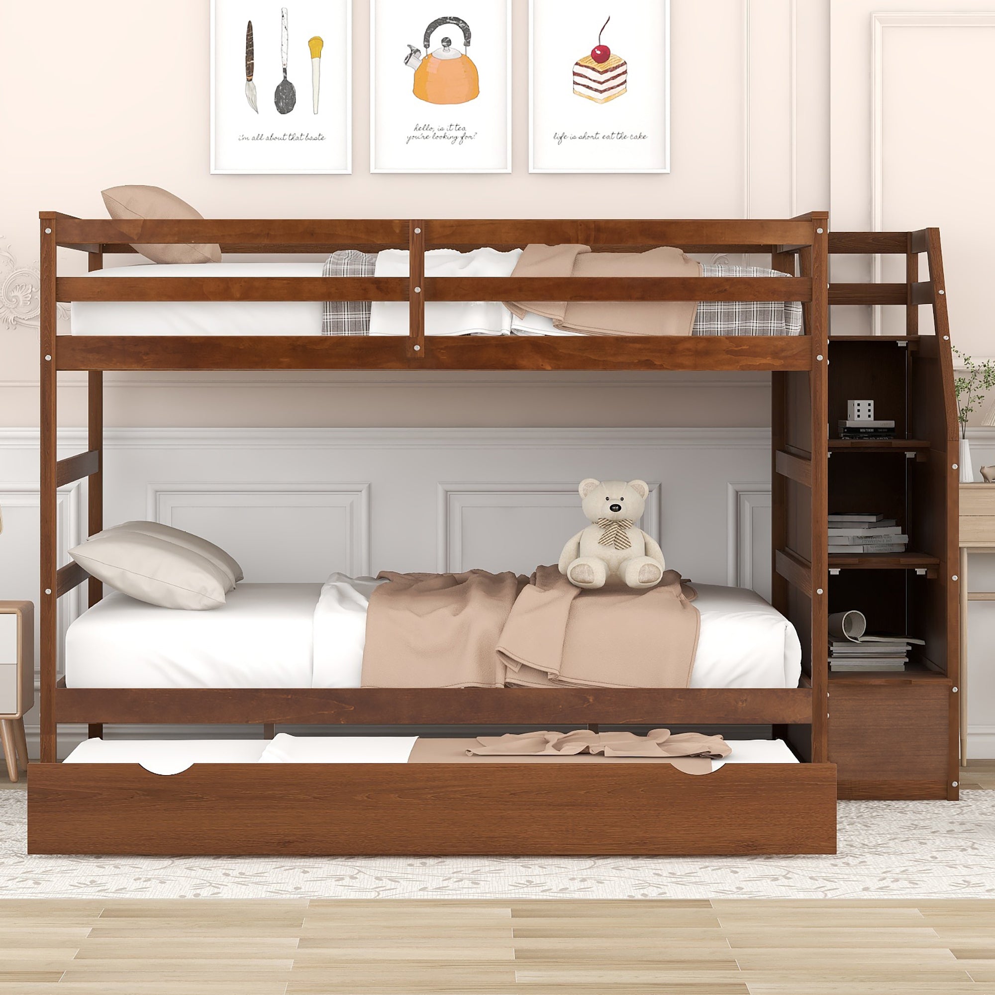 Full-over-Full Bunk Bed with Twin Size Trundle and 3 Storage Stairs,Walnut