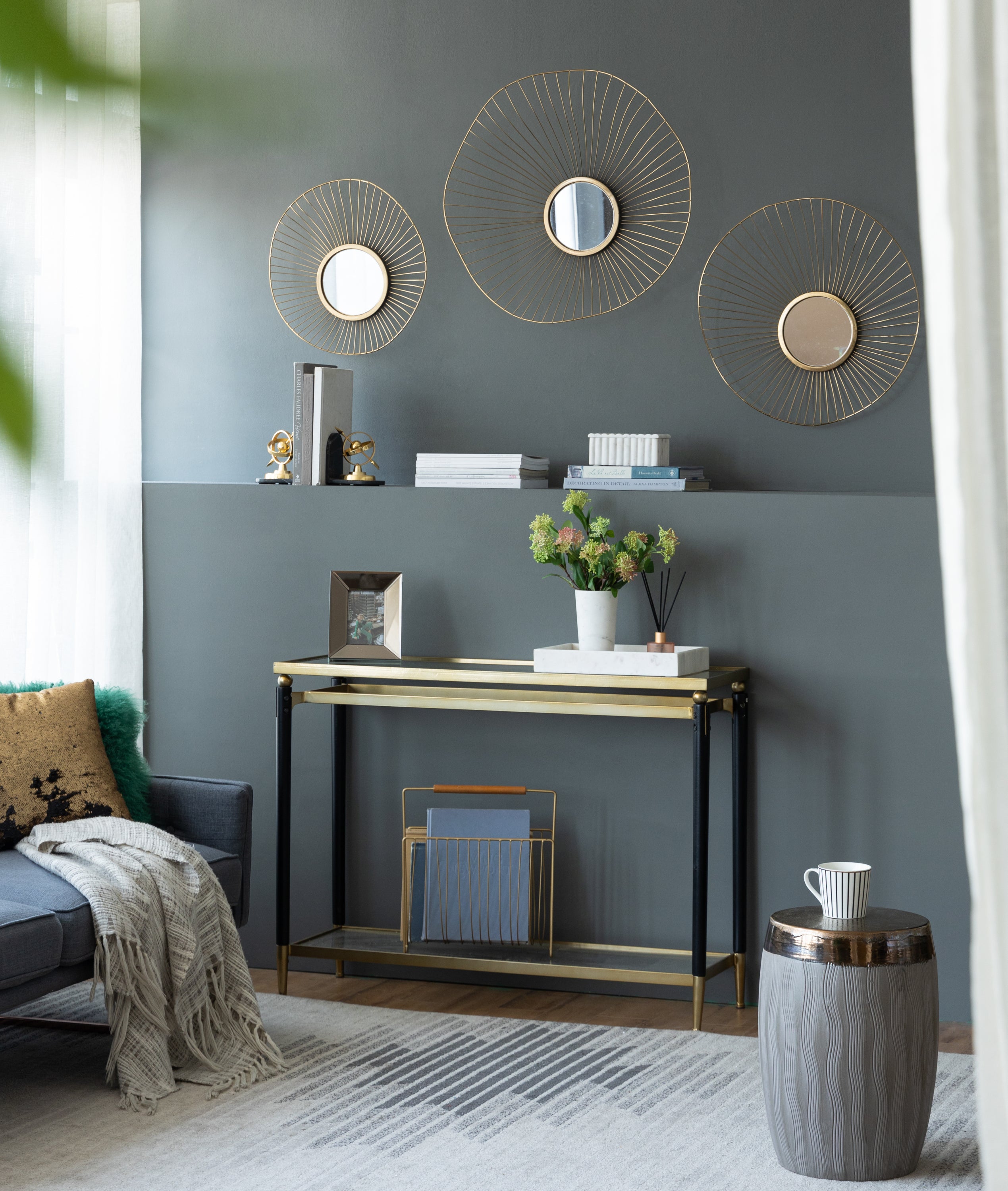 Set of 3 Wall Mirror Abstract designed Wall mirrors with Gold Frame for Home & Office,Top of Sideboard L:26x5x25.5" M:22x3.5x22" S:18x2.5x18"