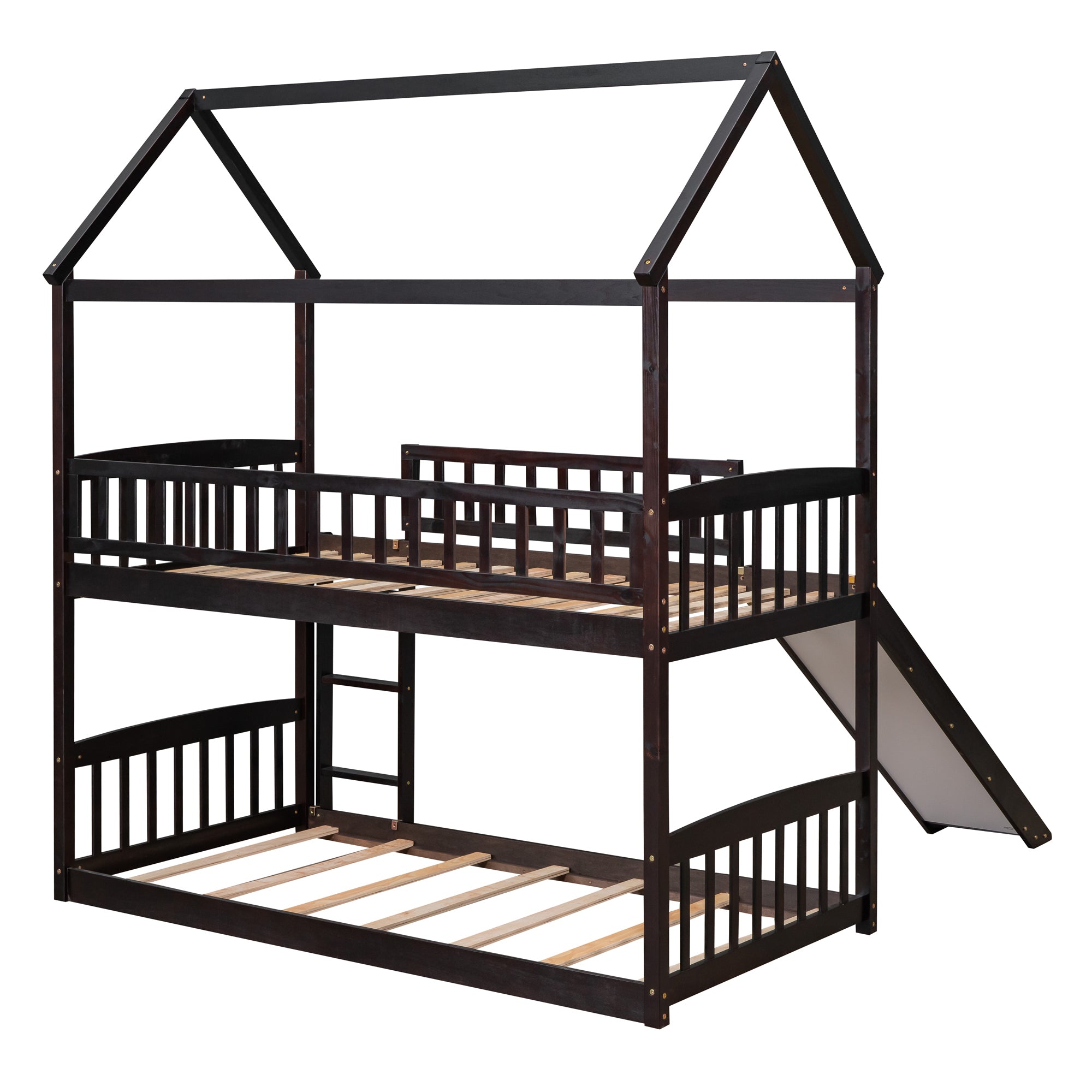 Twin Over Twin Bunk Bed with Slide, House Bed with Slide, Espresso(OLD SKU: LT000213AAP)