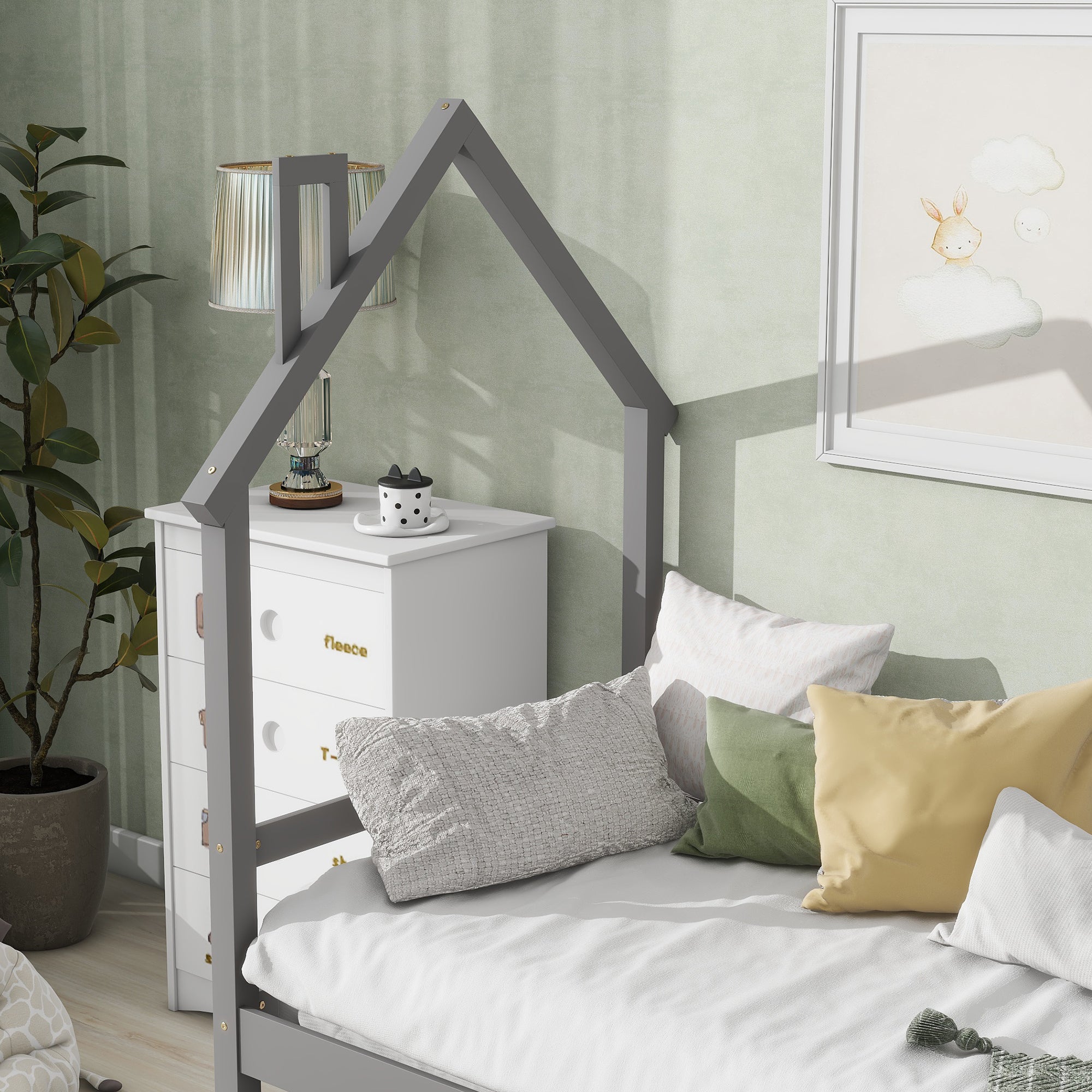 Twin Wooden Daybed with trundle, Twin House-Shaped Headboard  bed with Guardrails,Grey