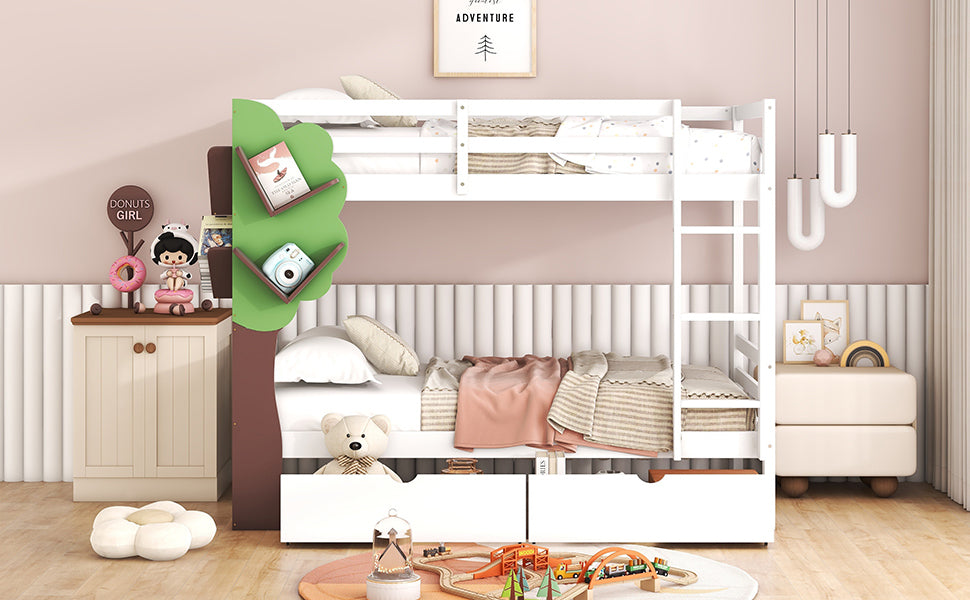 Twin-Over-Twin Bunk Bed with  a Tree Decor and Two Storage Drawers, White