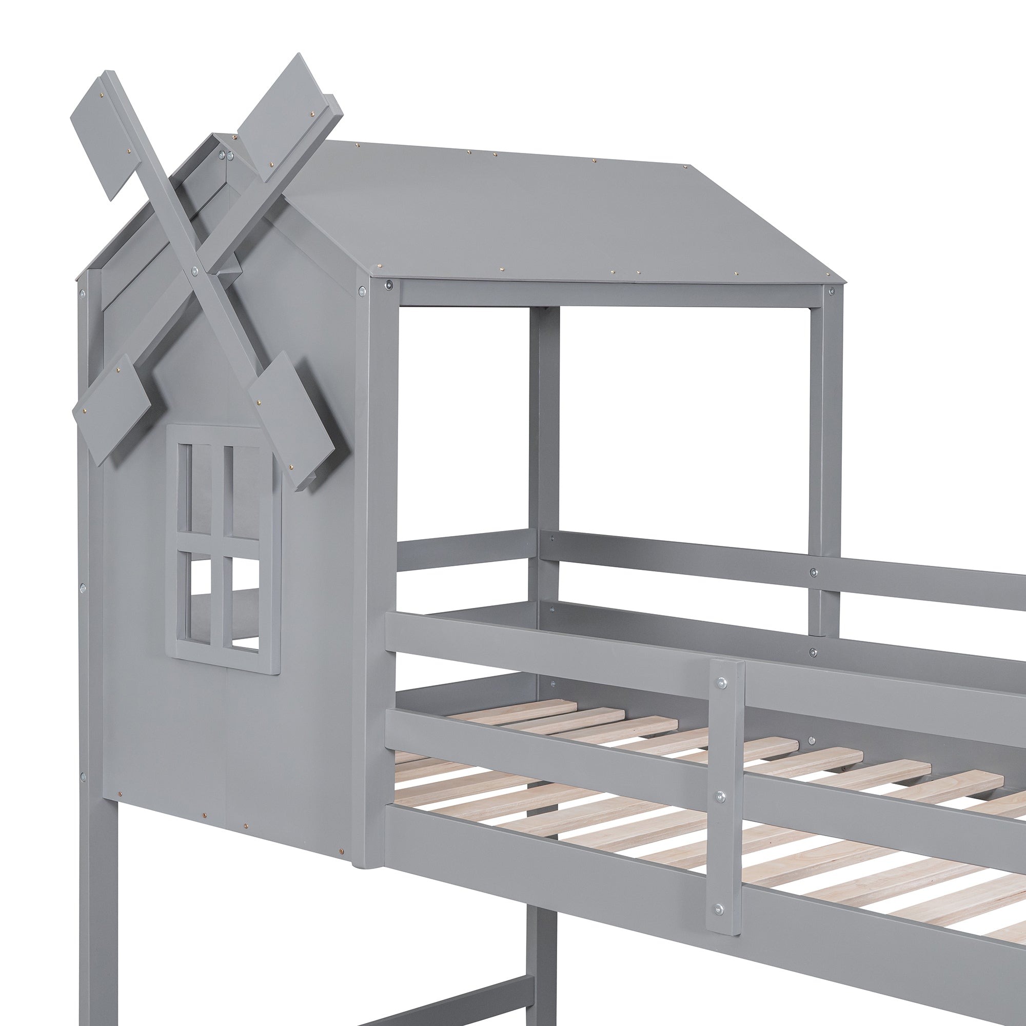 Twin over Twin Bunk Bed with Roof and Window, with Guardrails and Ladder, Gray