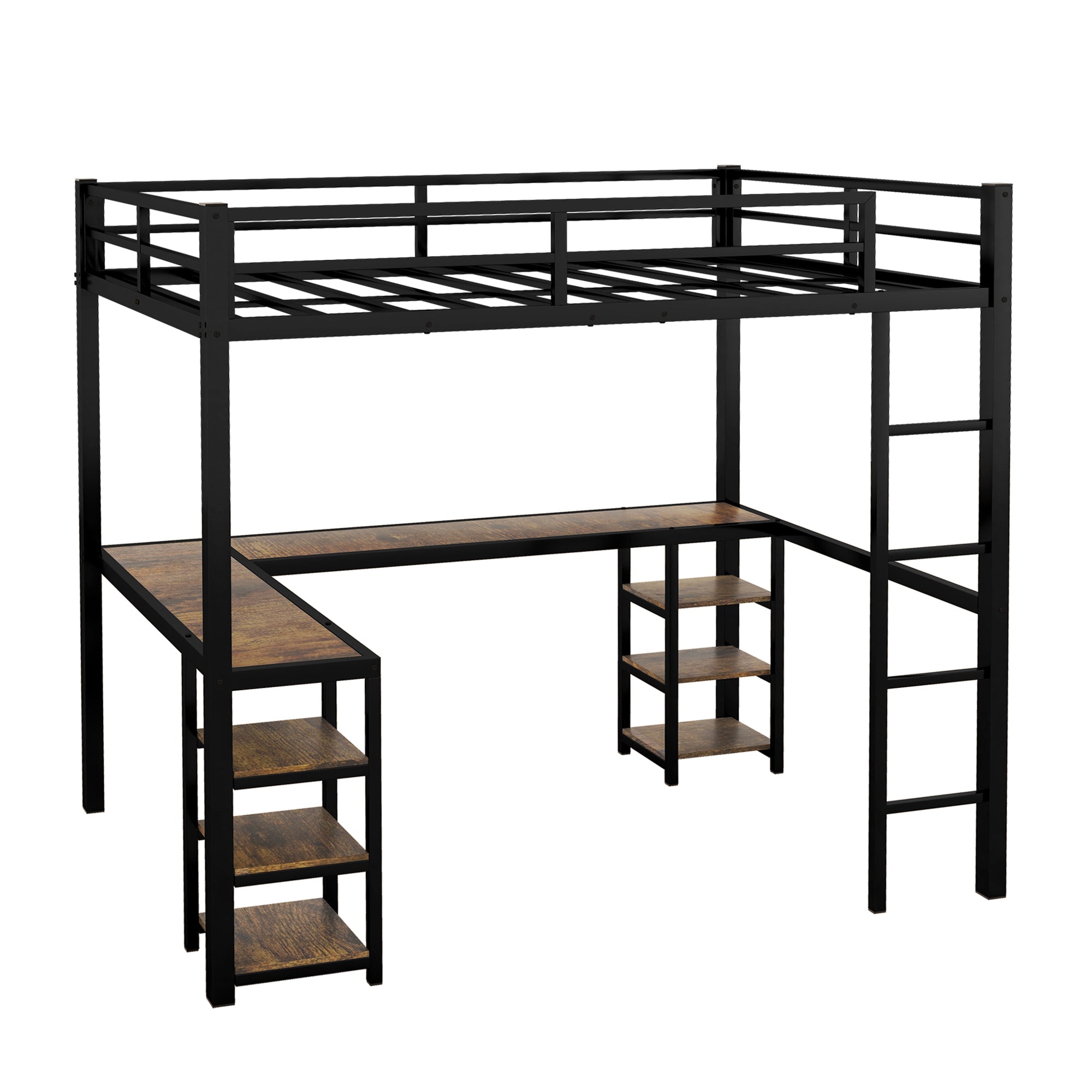 Full Metal Loft Bed with Desk and Shelves, Loft Bed with Ladder and Guardrails, Loft Bed Frame for Bedroom (Black)  (Old SKU: W1307S00009)