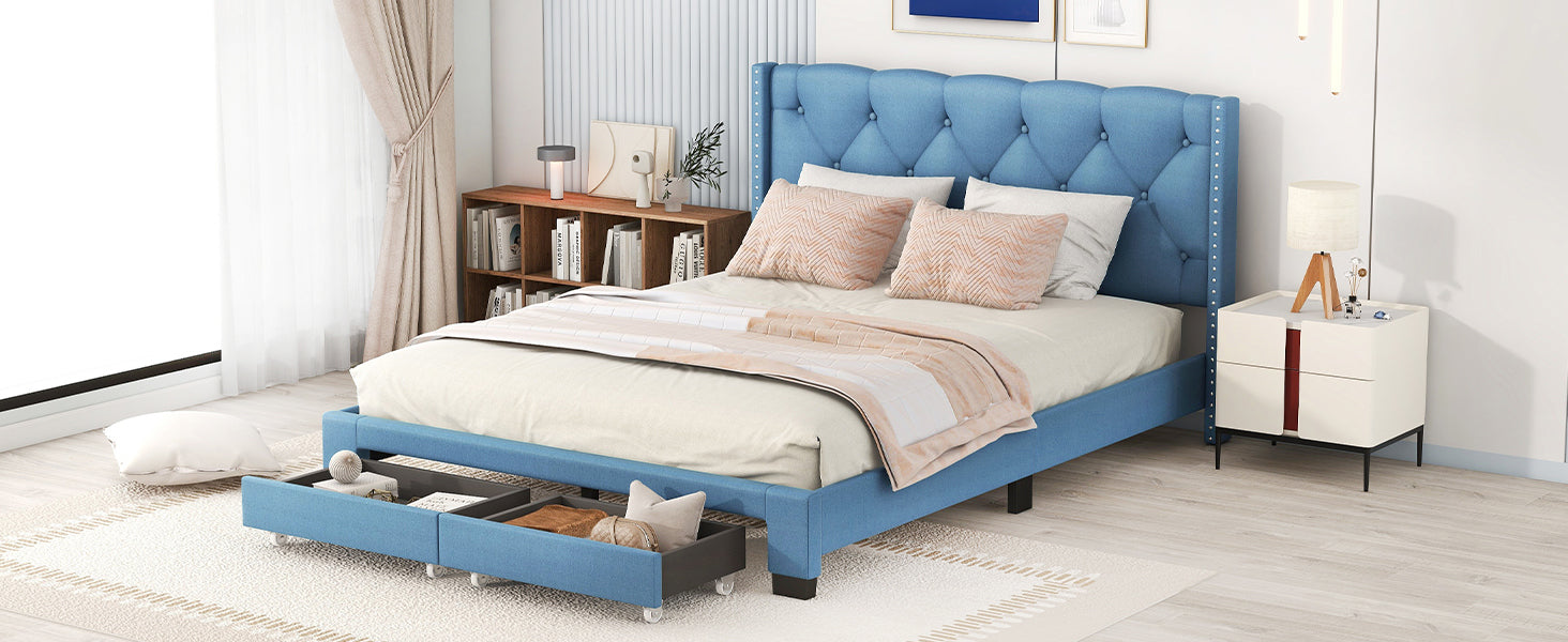 Queen Size Storage Bed Linen Upholstered Platform Bed with Two Drawers - Blue
