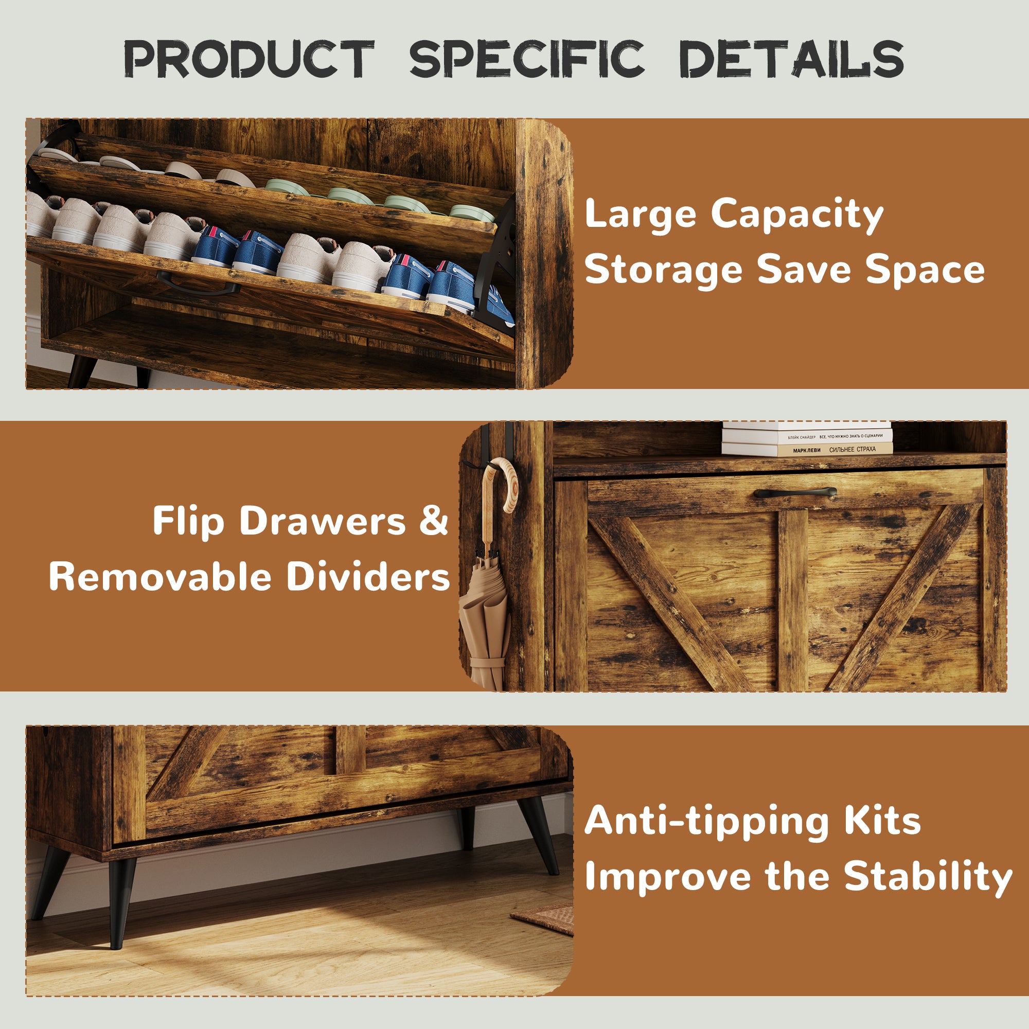 Farmhouse Shoe Rack, Freestanding Shoe Cabinet with 2 Flip Drawers for Entryway