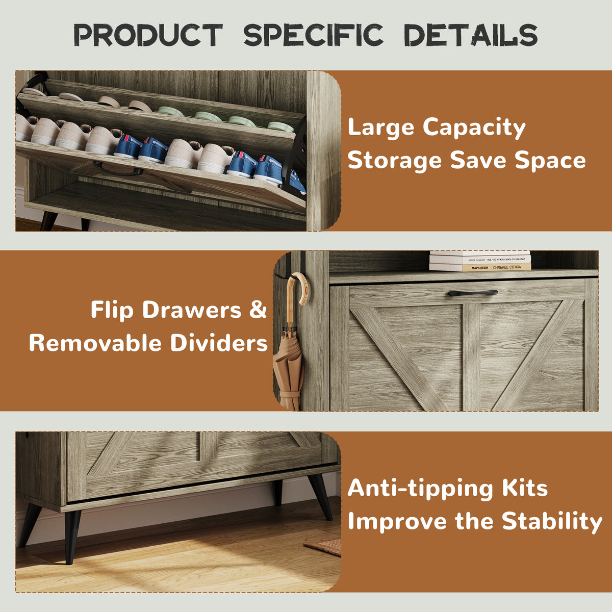 Farmhouse Shoe Rack, Freestanding Shoe Cabinet with 2 Flip Drawers for Entryway