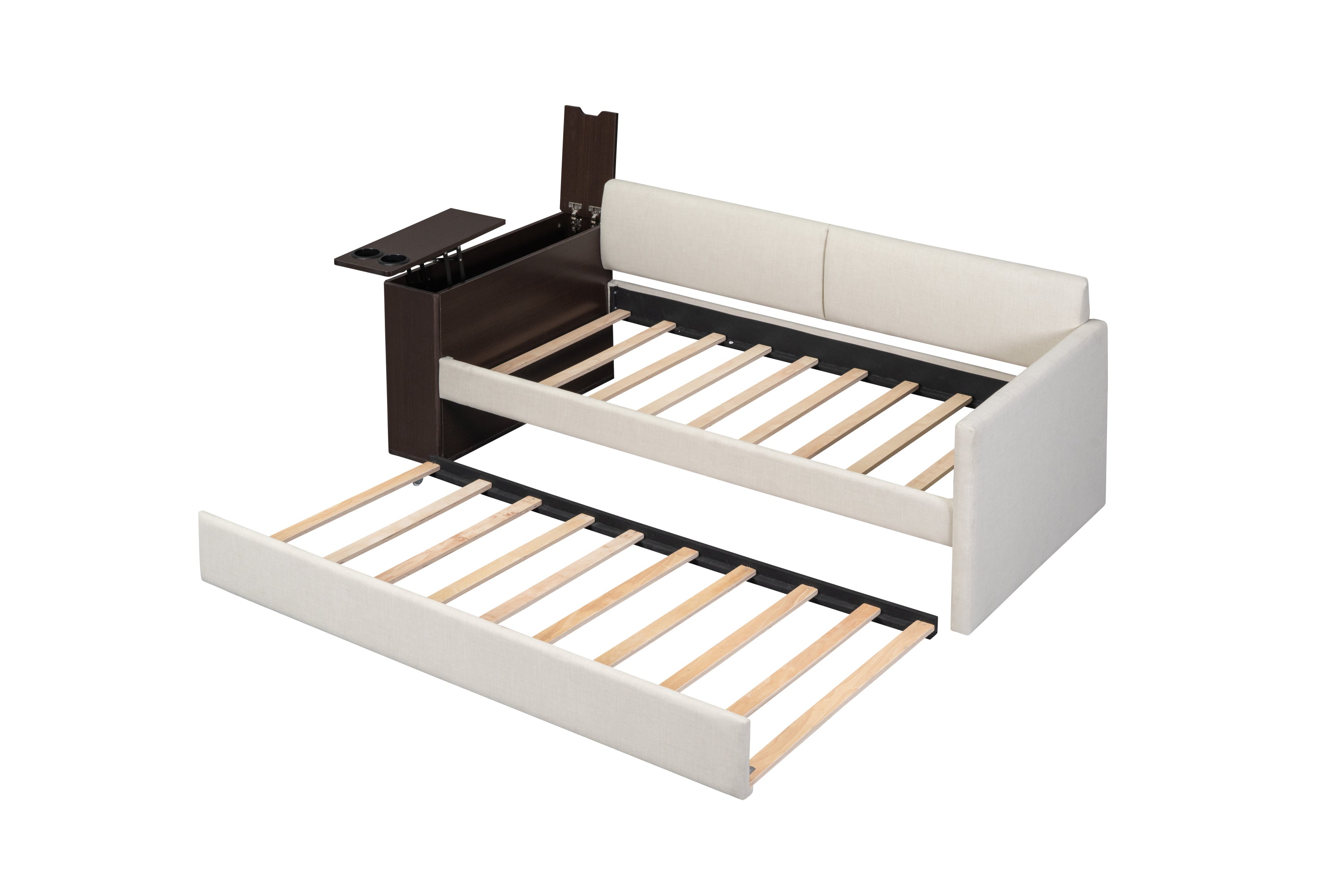 Twin Size Upholstery Daybed with Storage Arm, Trundle, Cup Holder and USB Design, Beige