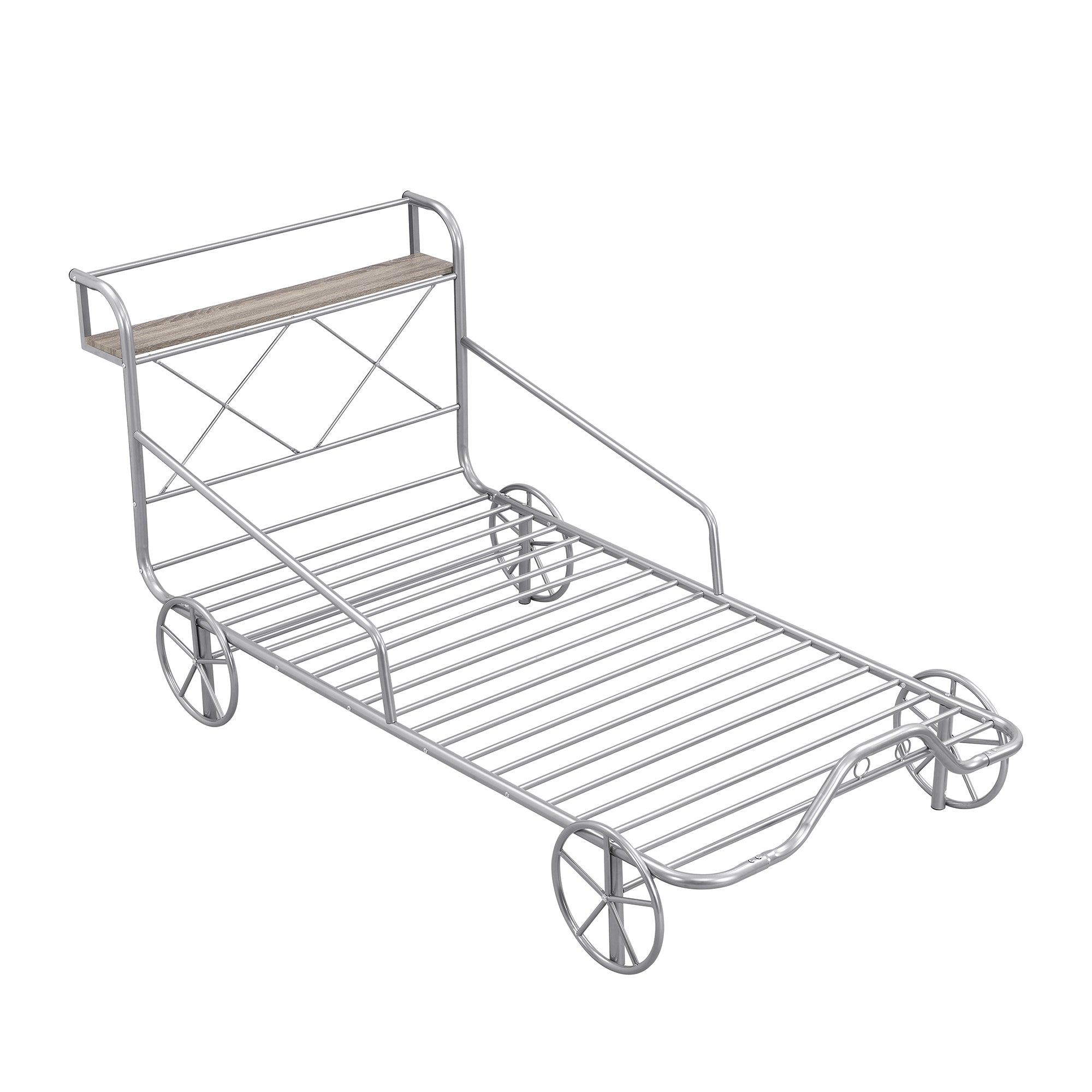 Twin Size Metal Car Bed with Four Wheels, Guardrails and  X-Shaped Frame Shelf, Silver(Old SKU: MF297599AAN)