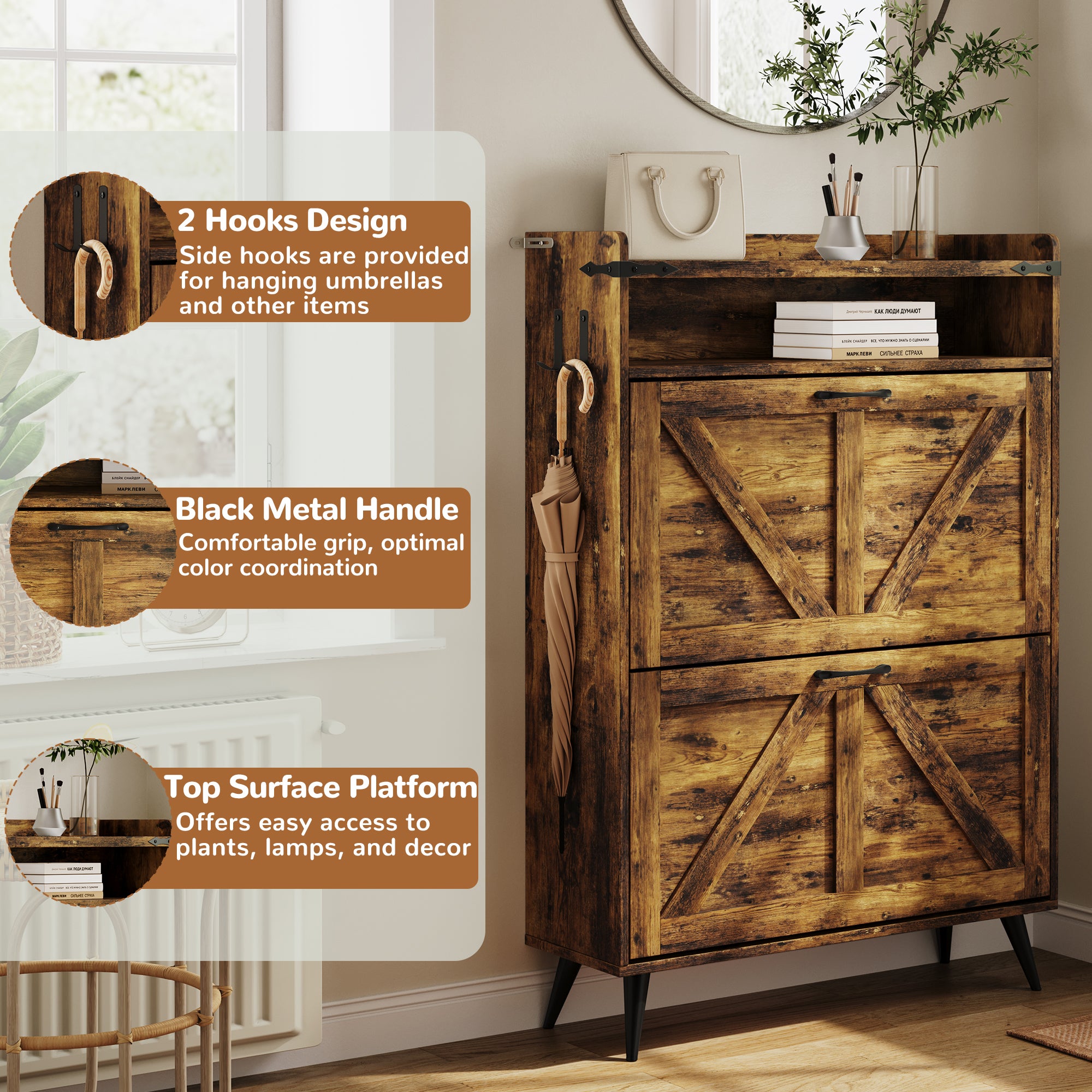 Farmhouse Shoe Rack, Freestanding Shoe Cabinet with 2 Flip Drawers for Entryway