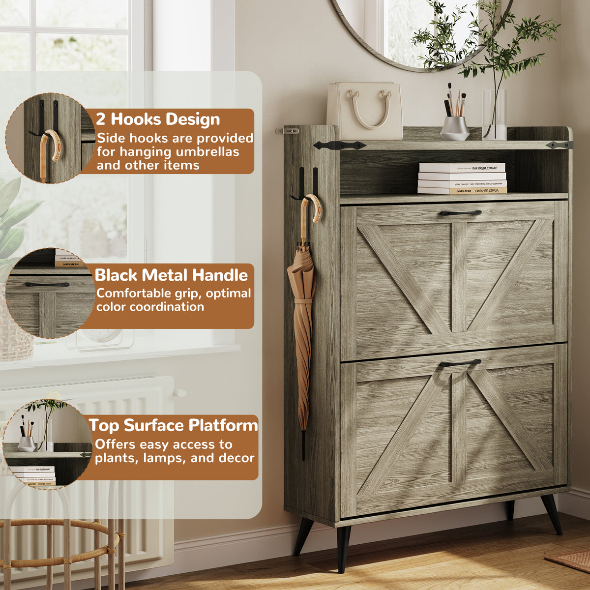 Farmhouse Shoe Rack, Freestanding Shoe Cabinet with 2 Flip Drawers for Entryway