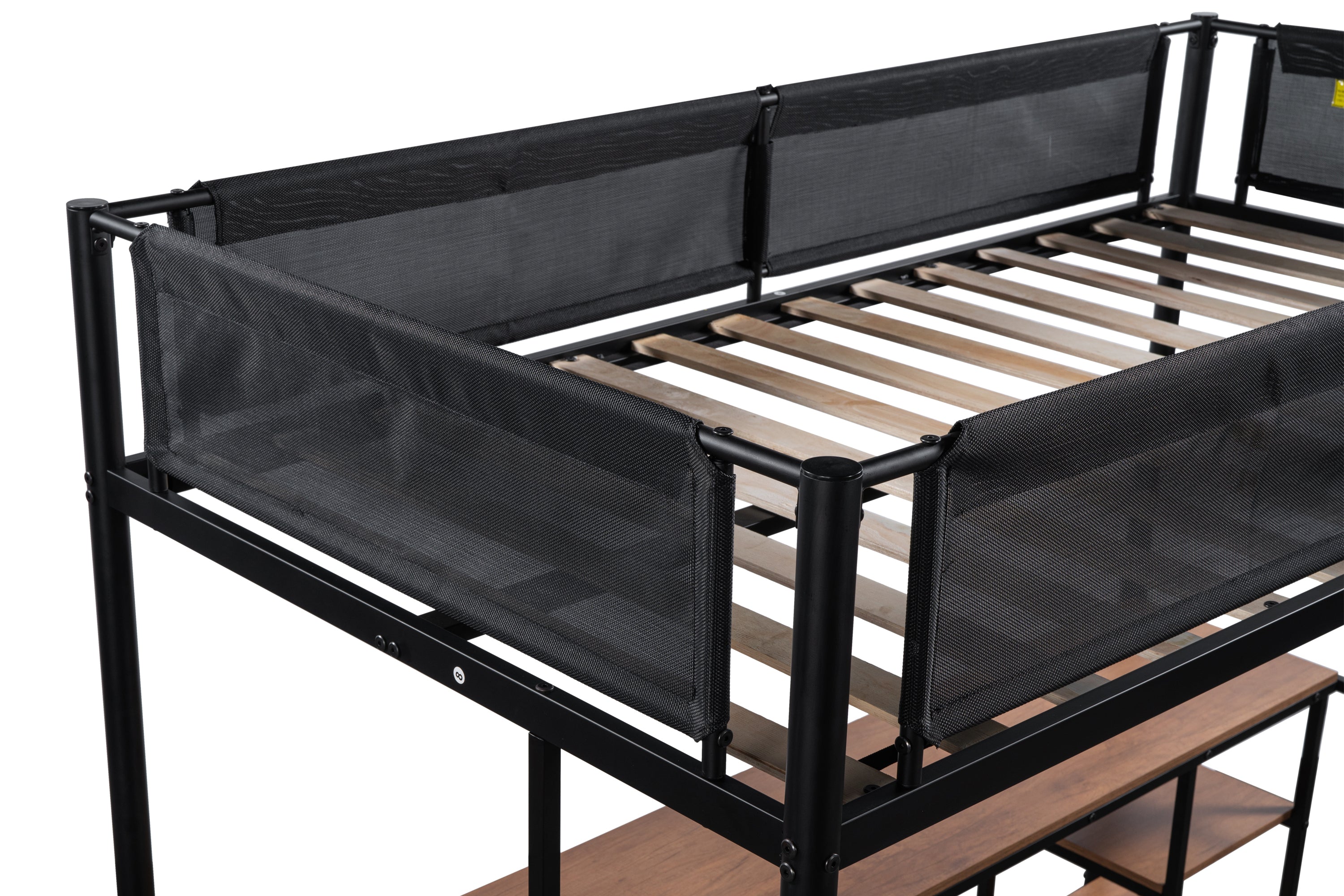 Metal Twin-size Loft Bed with Table & Shelves/ Sturdy Metal Bed Frame/ Noise-free Wood Slat/ Comfortable Textilene Guardrail/ Built-in Table and Shelves/ 2 Side Ladders/ No Box Spring Needed