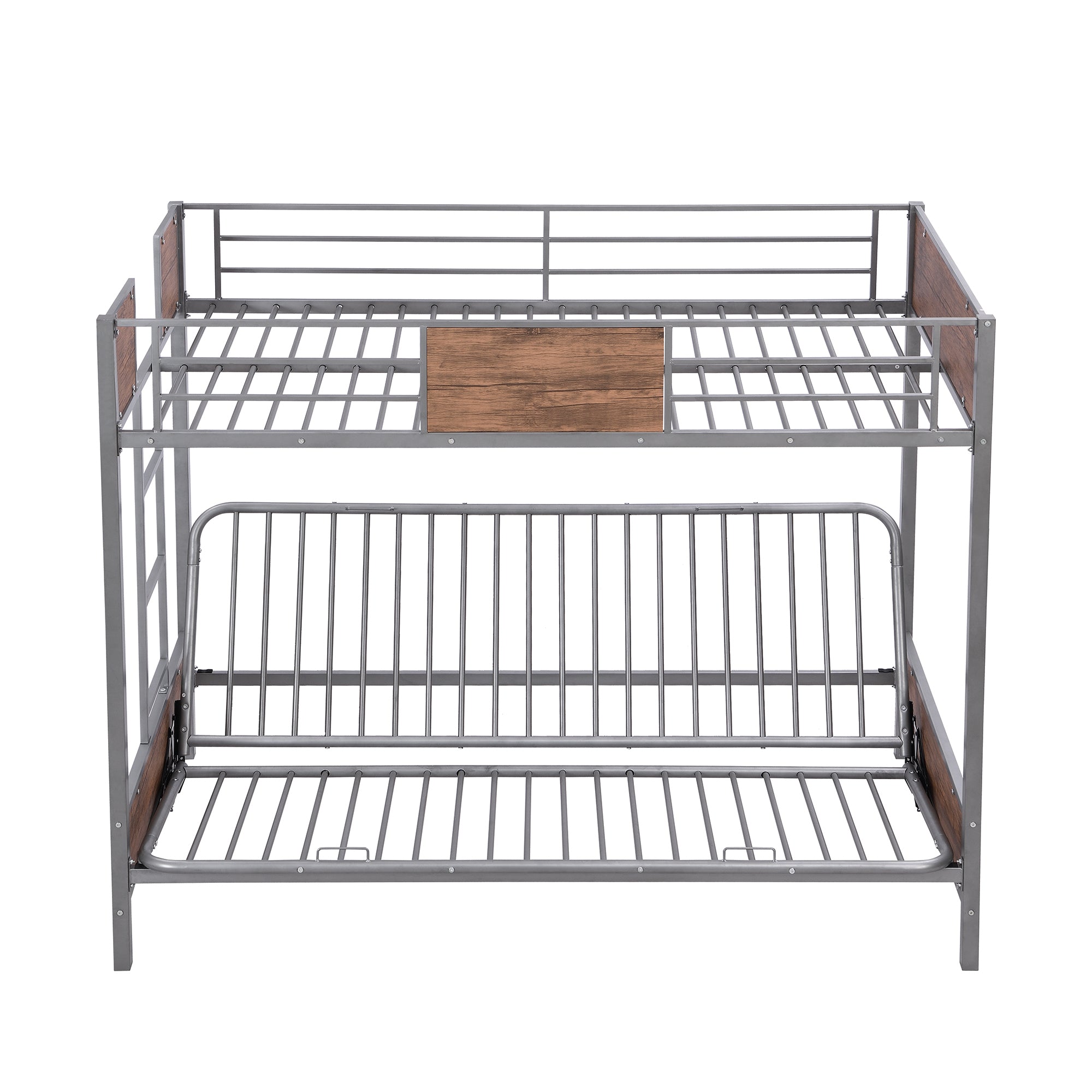 Twin-Over-Futon Bunk Bed, Metal Futon Bunk Bed Frame with Guardrails and Ladder(Gray)(OLD SKU:LP000096AAE)