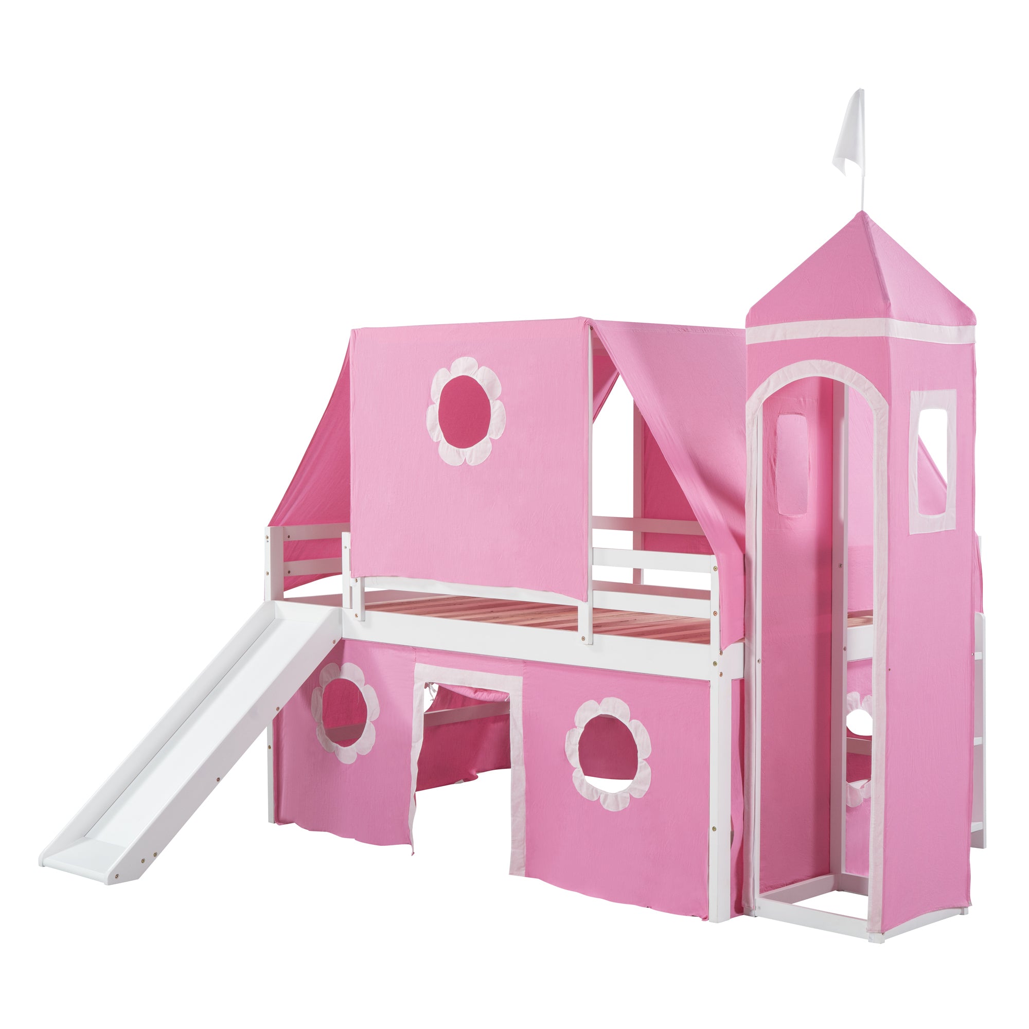Full Size Bunk Bed with Slide Pink Tent and Tower - Pink