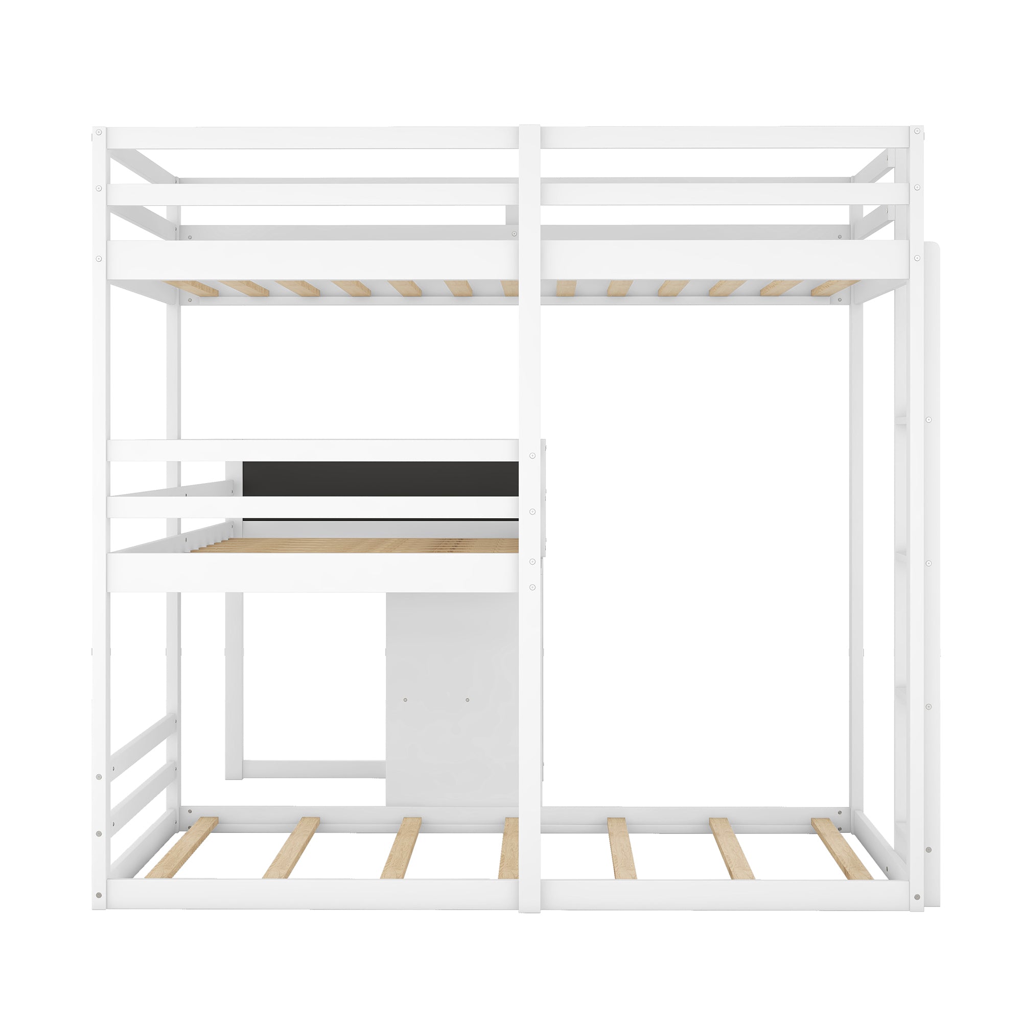 L-shaped Wood Triple Twin Size Bunk Bed with Storage Cabinet and Blackboard, Ladder, White