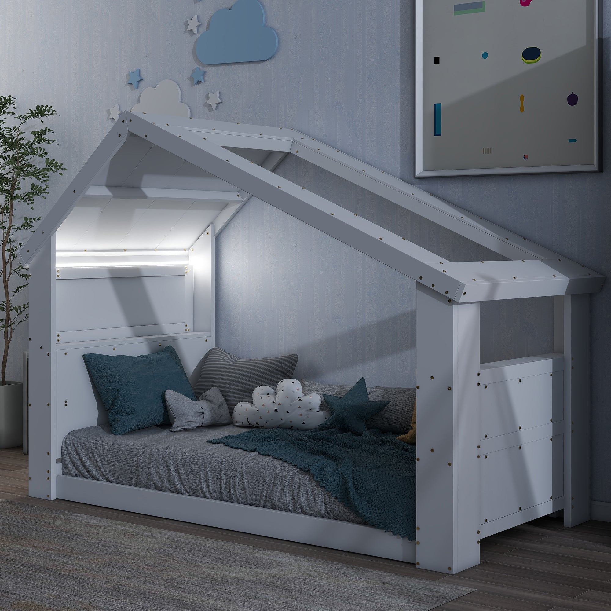 Twin House Floor Bed with Roof Window, LED Light,White