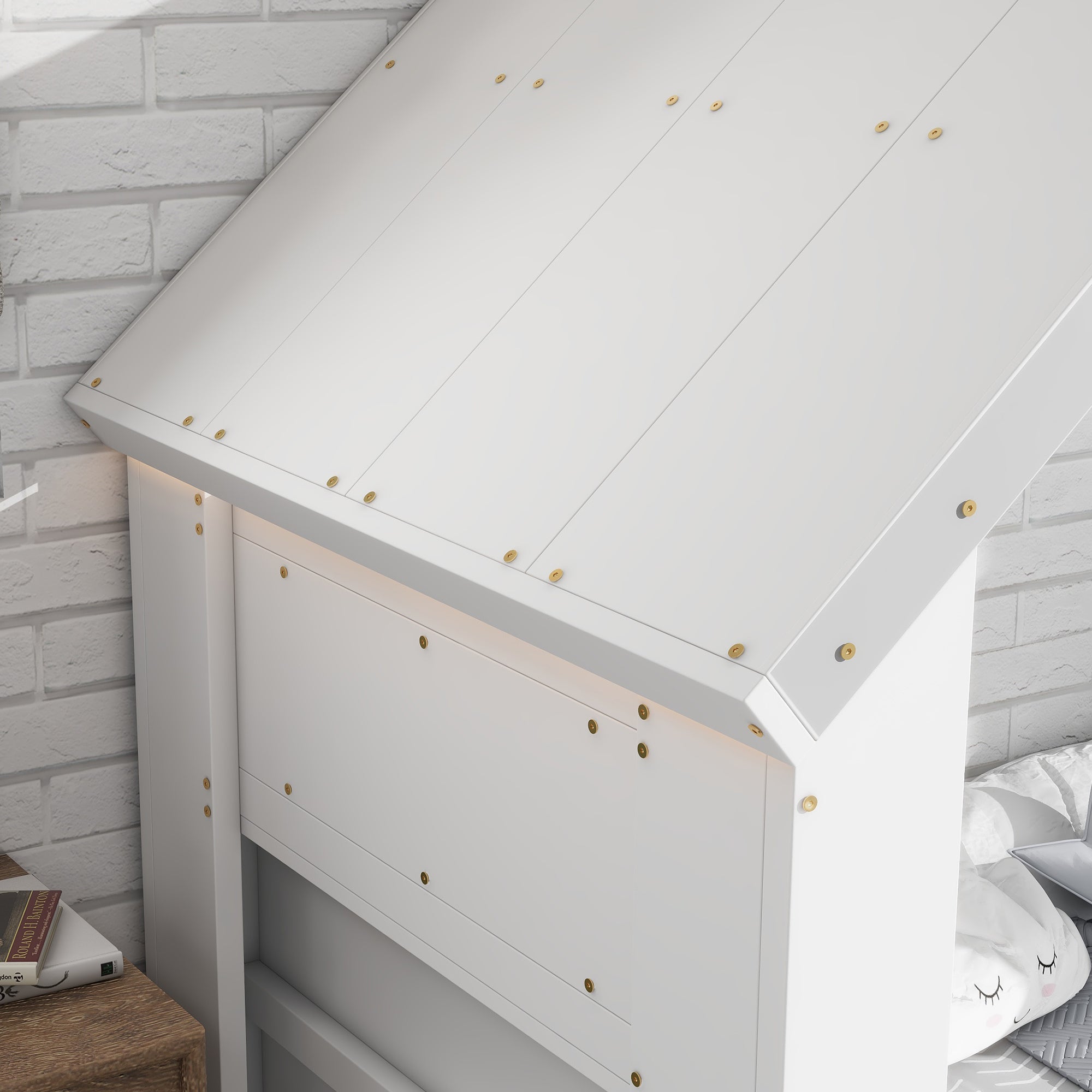 Twin House Floor Bed with Roof Window, LED Light,White