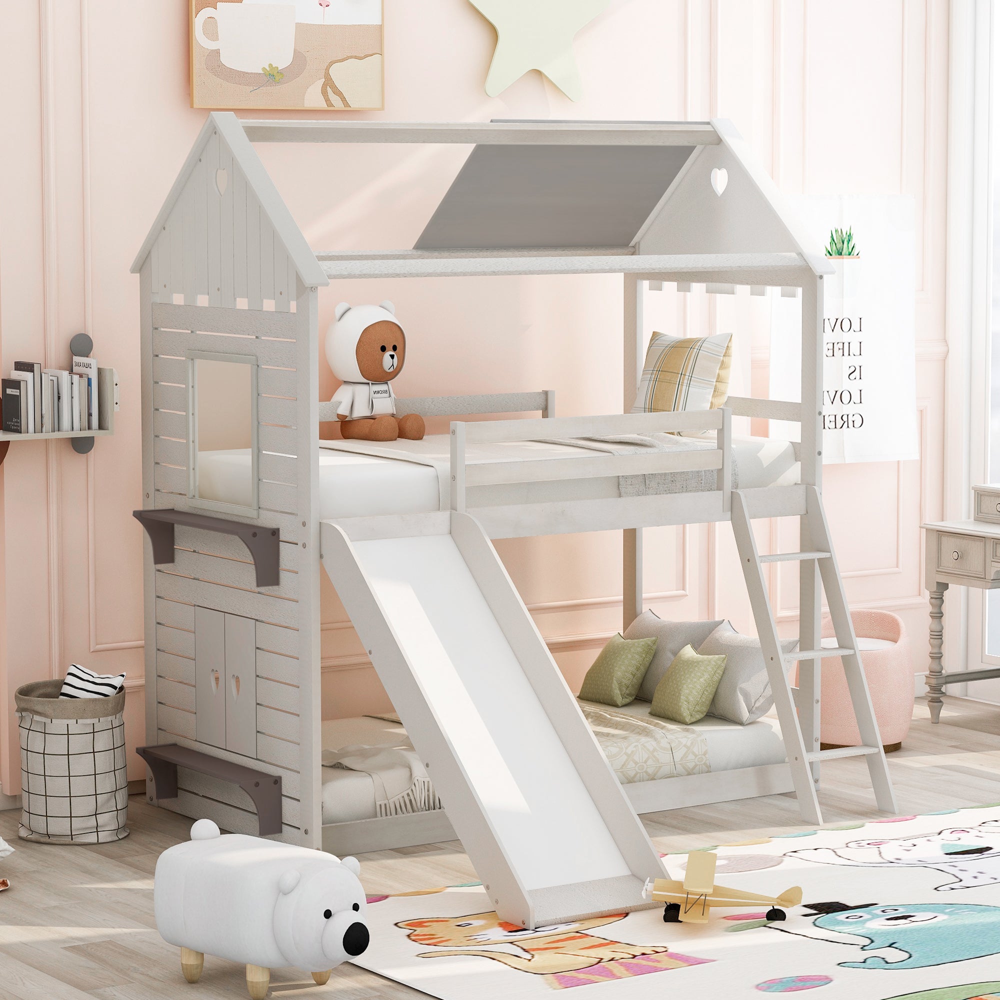 Twin Over Twin Bunk Bed Wood Bed with Roof, Window, Slide, Ladder ,Antique White(OLD SKU:LP000059AAK)